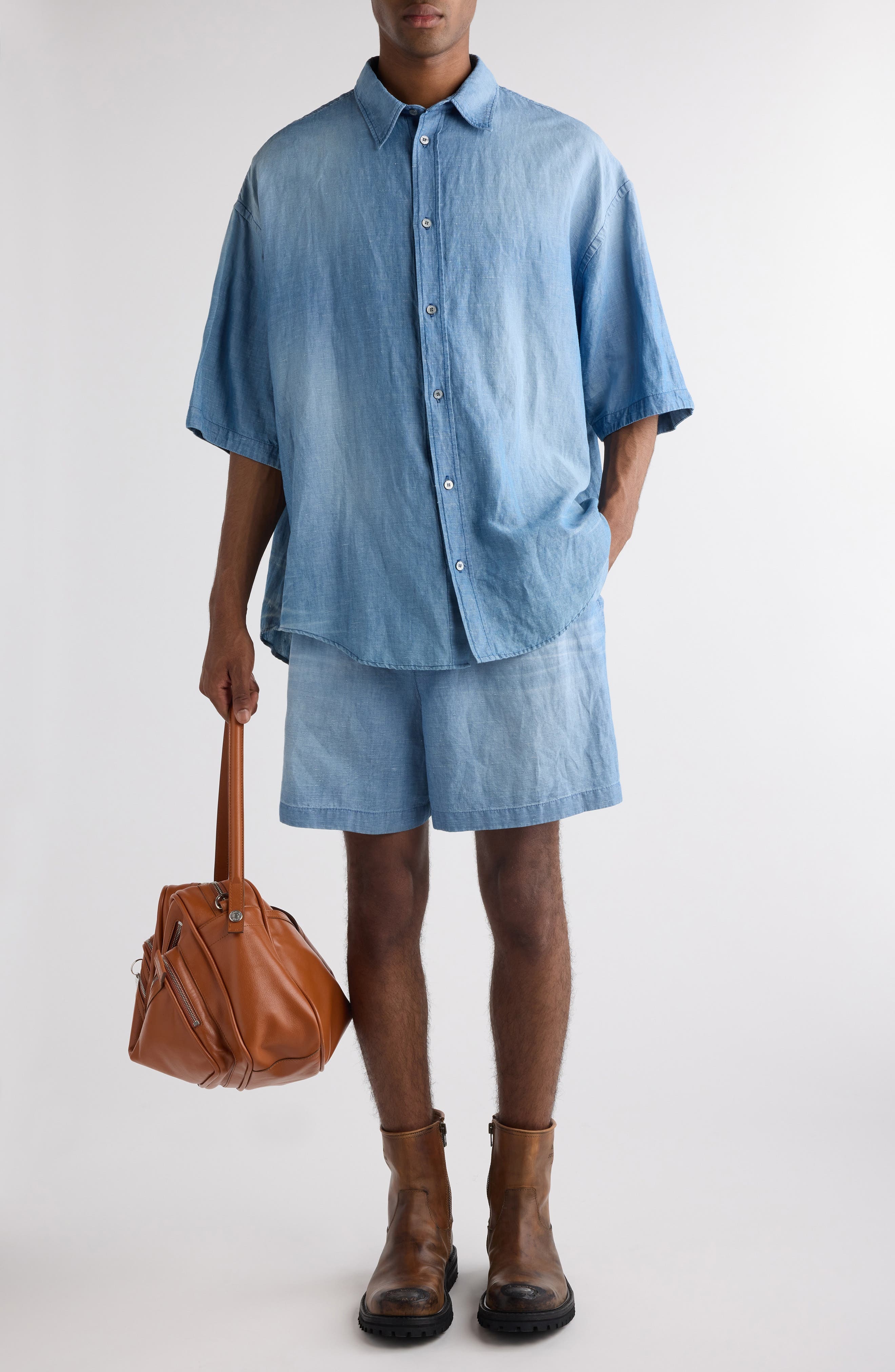 Acne Studios Oversize Short Sleeve Cotton & Linen Chambray Button-Up Shirt in Mid Blue at Nordstrom - 2