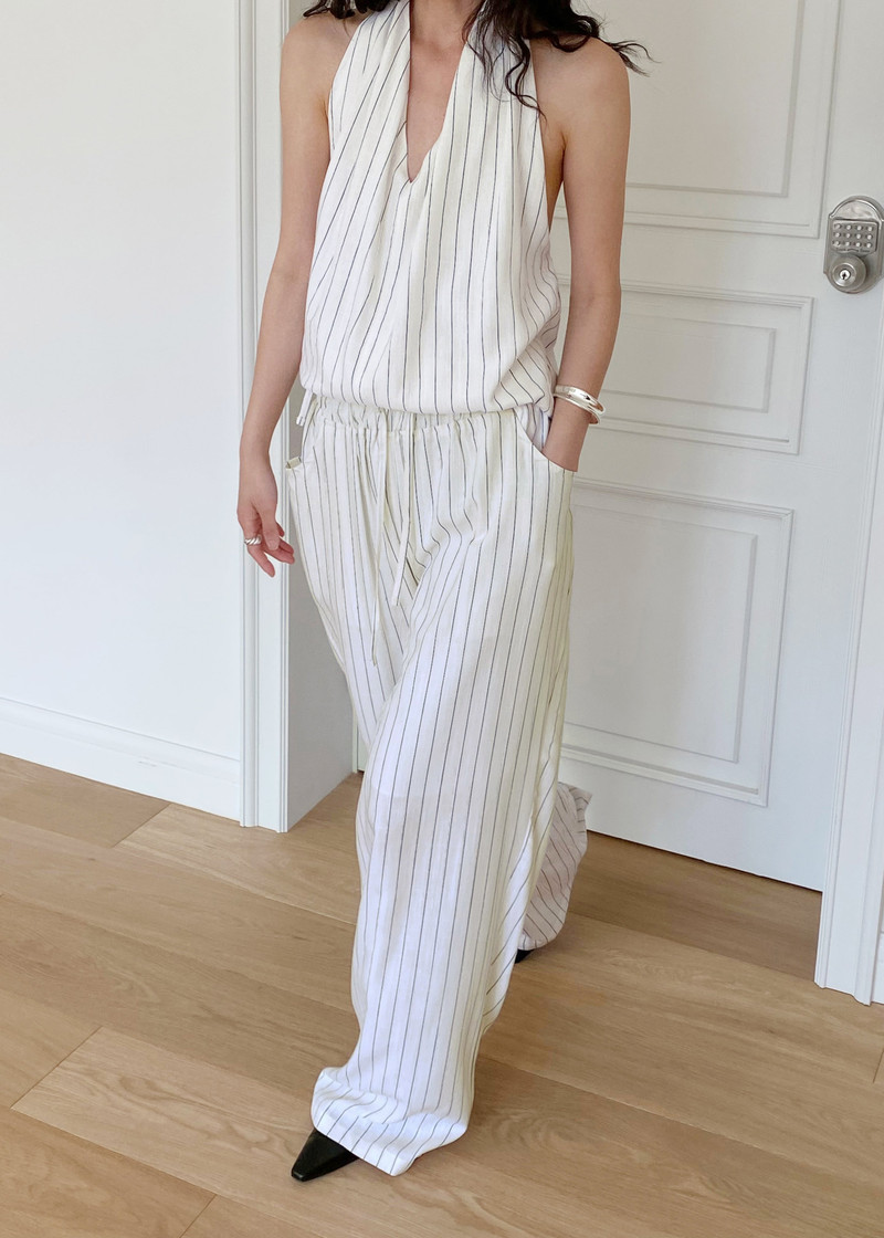 Branton Drawstring Halter Top - White/Black Pinstripe 6