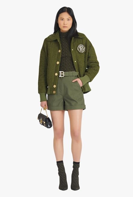 Khaki denim high-waisted shorts with Balmain buckle - 2