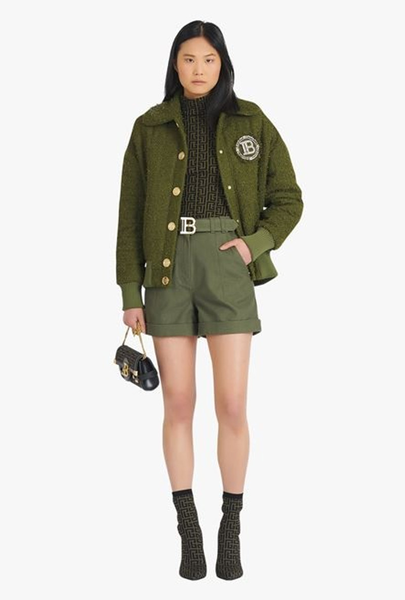 Balmain Khaki denim high-waisted shorts with Balmain buckle outlook