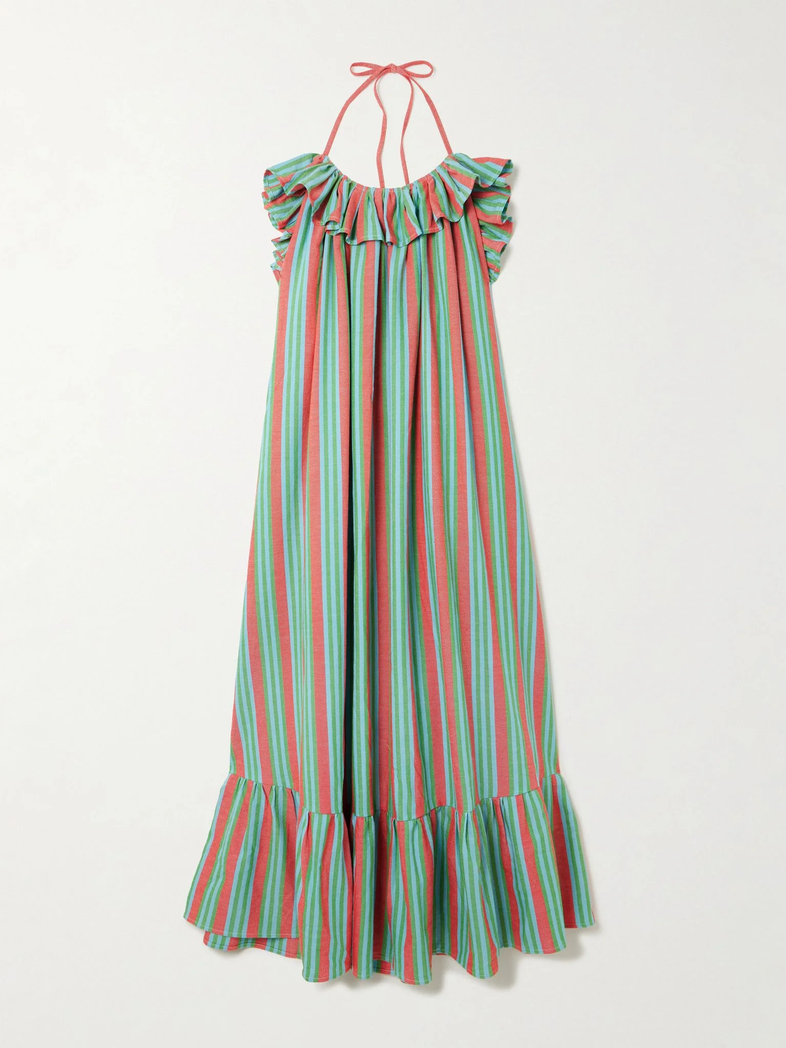 Ruffled tiered striped cotton halterneck maxi dress Green - 1