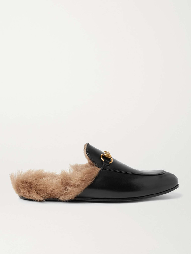 Princetown Horsebit Shearling-Lined Leather Backless Loafers - 1
