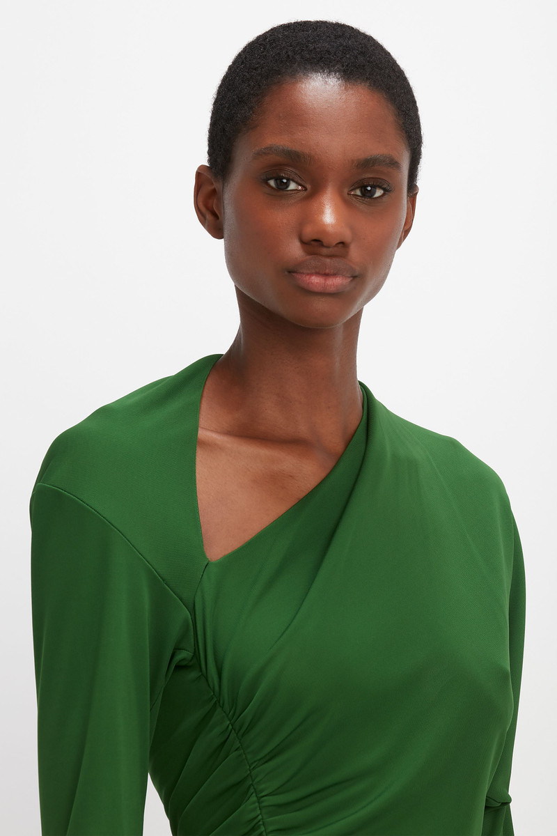 Asymmetric Ruched Midi Dress in Green 6