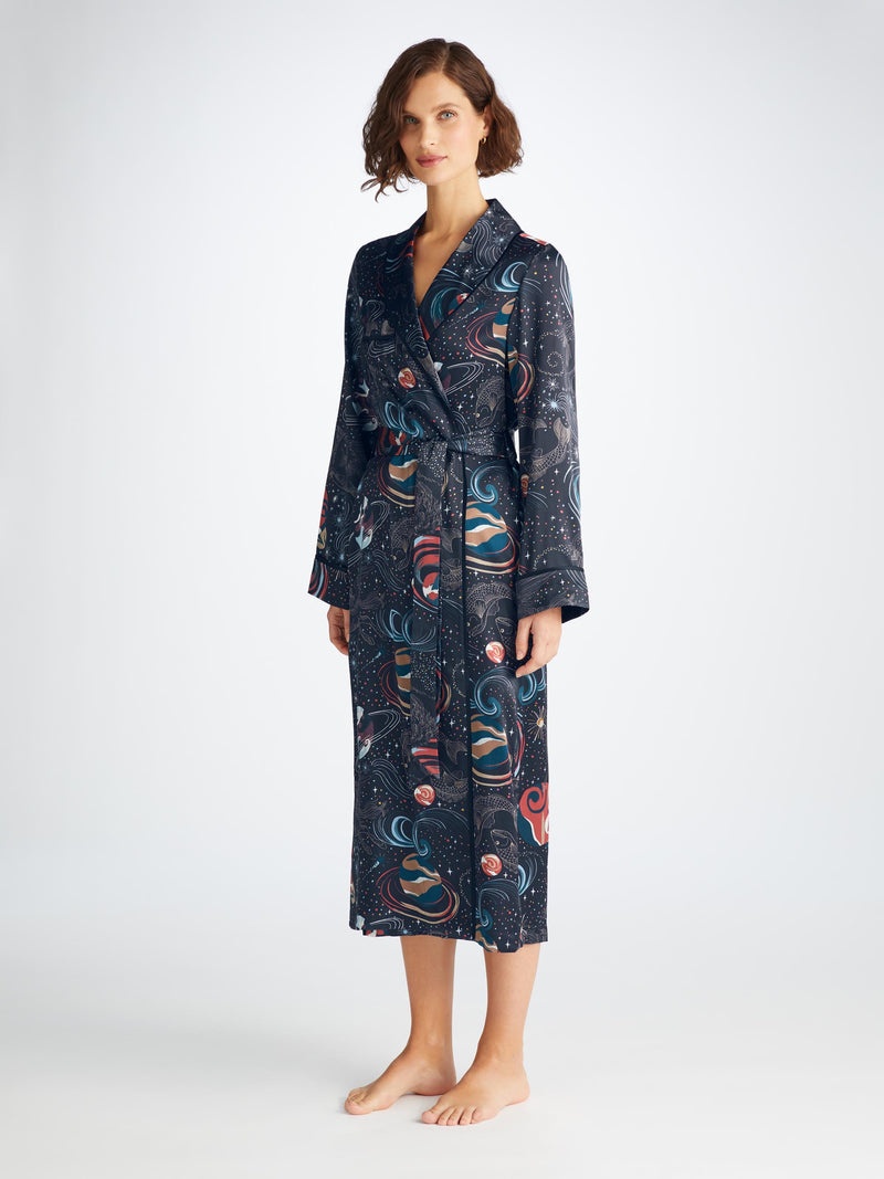 Women's Long Robe Brindisi 105 Silk Satin Navy - 2