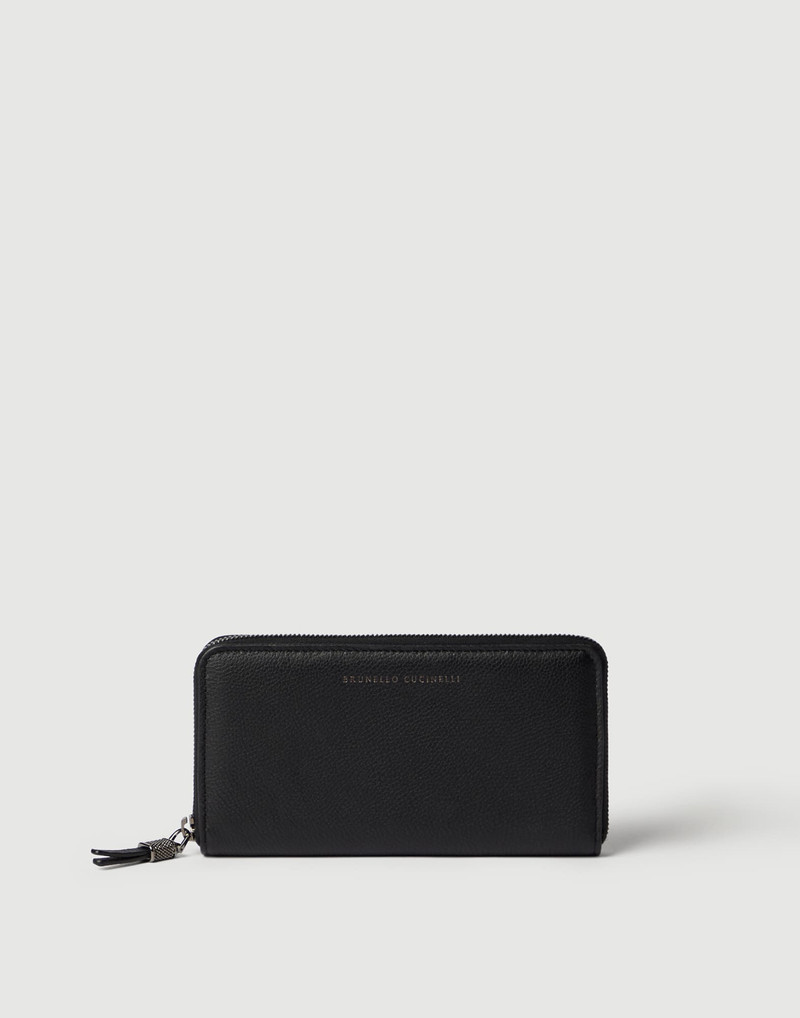 Grained leather wallet with shiny zipper pull 1