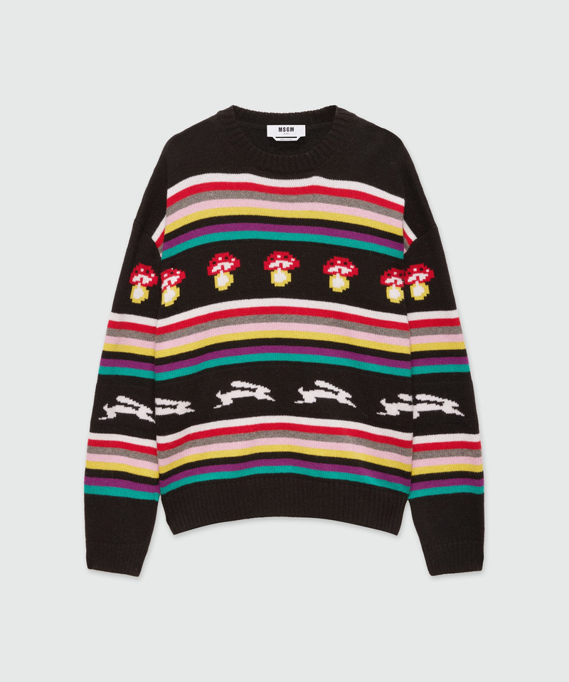 Multicolor jacquard sweater "Follow the rabbit®" and "I Love Mushrooms" 1