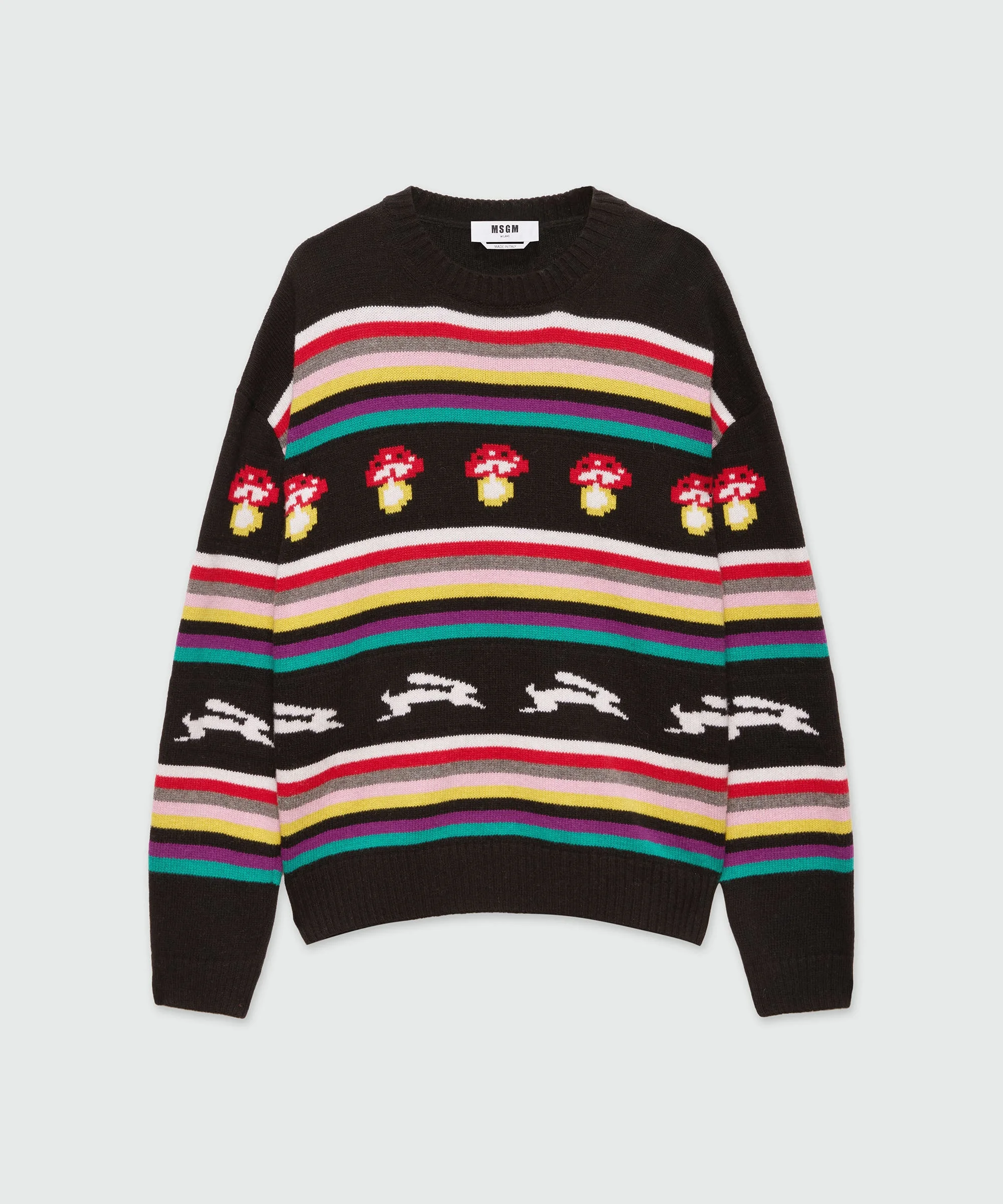 Multicolor jacquard sweater "Follow the rabbit®" and "I Love Mushrooms" - 1