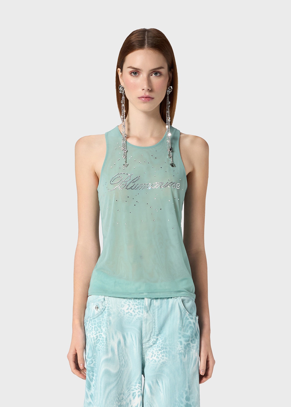 STRETCH TULLE TOP WITH GLASS RHINESTONE LOGO - 3