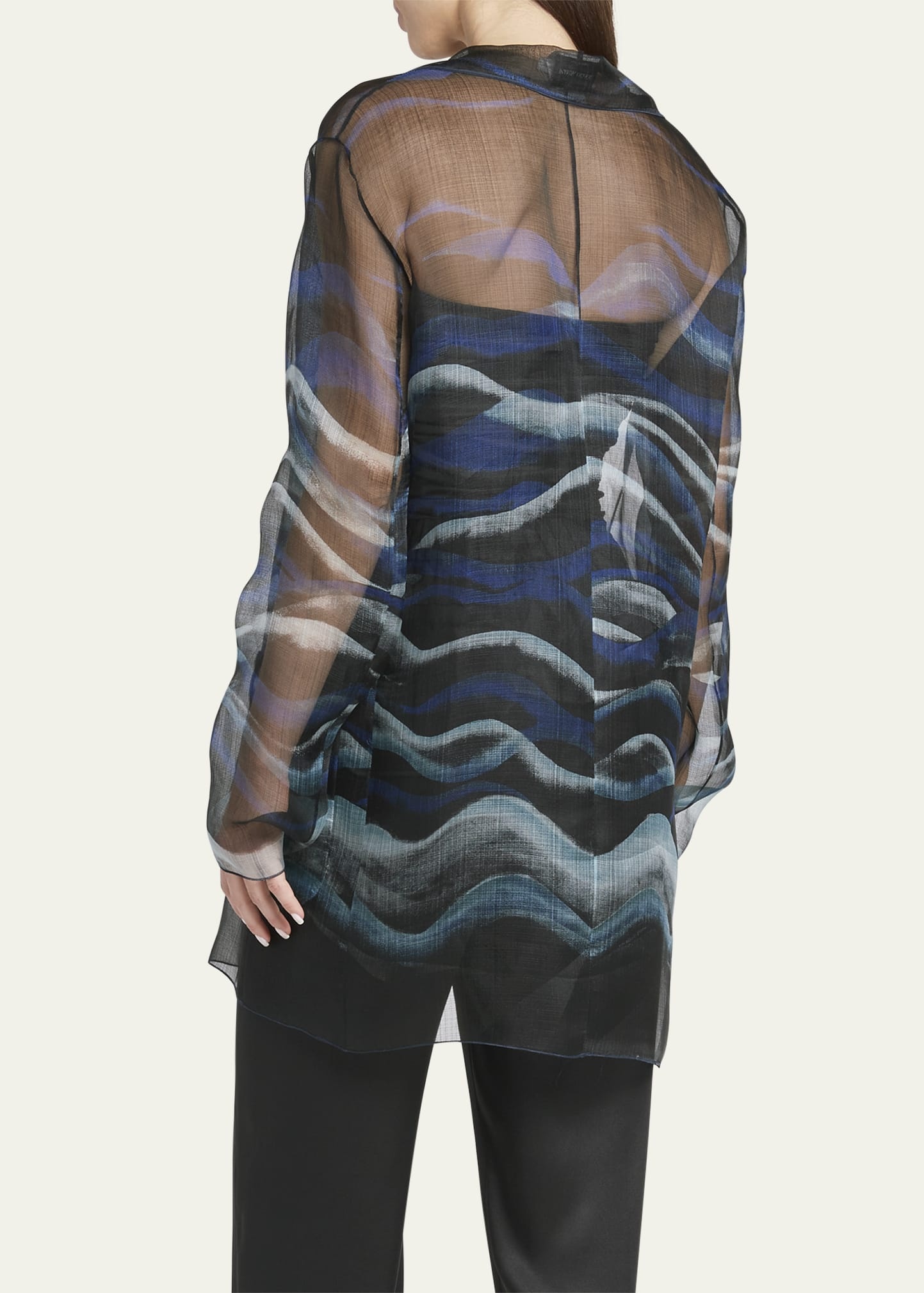 Night Water Print Self-Tie Silk Blouse Jacket - 3