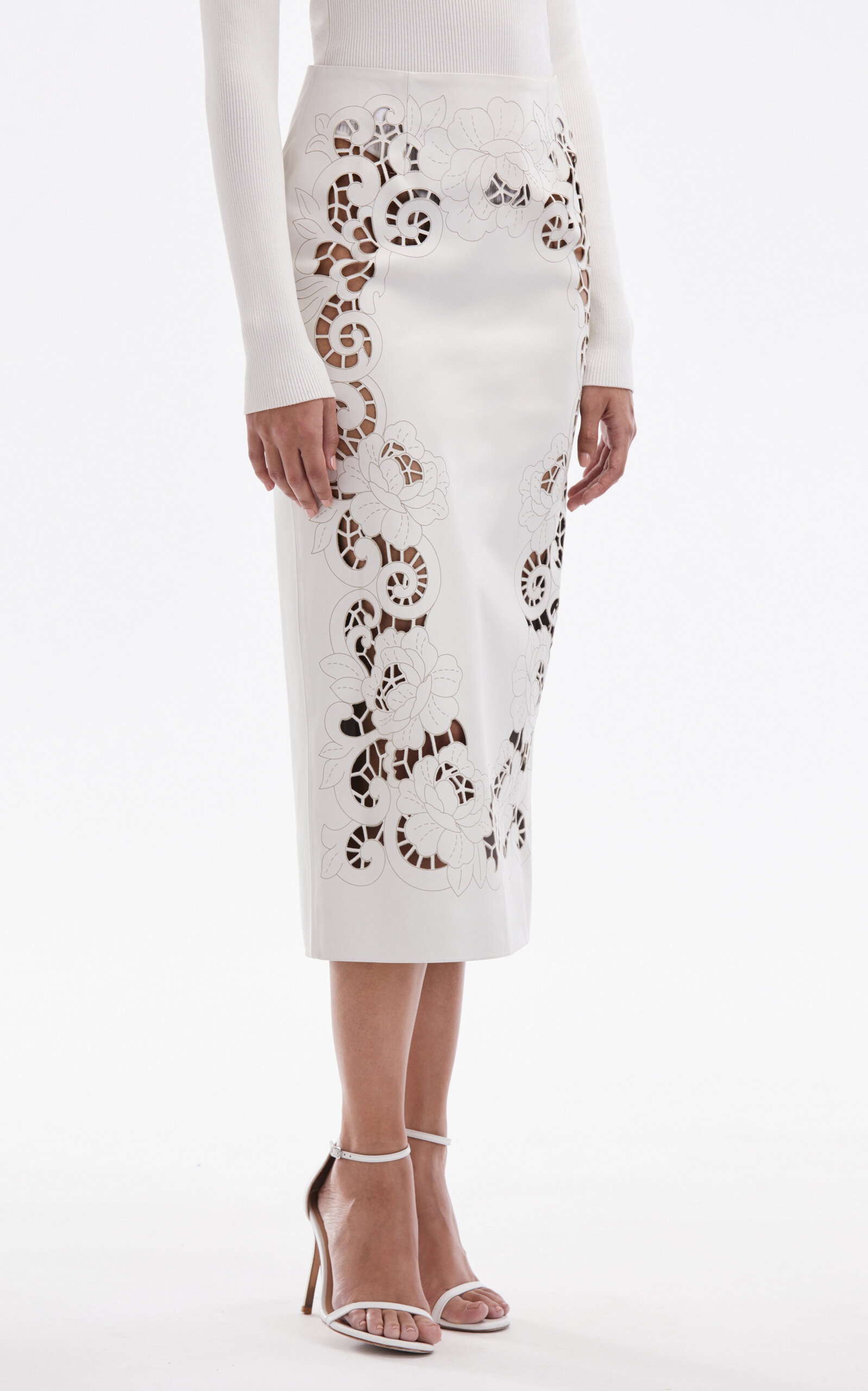 Oscar de la Renta Laser-Cut Leather Pencil Midi Skirt white