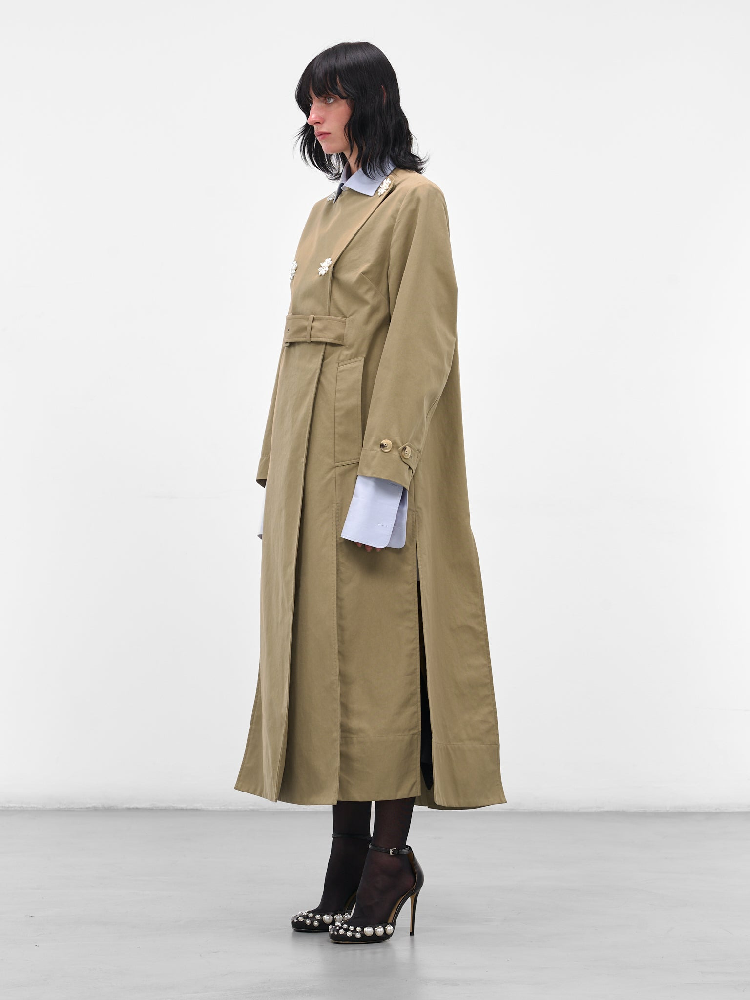 Beige Collarless Slit Trench Coat - 2