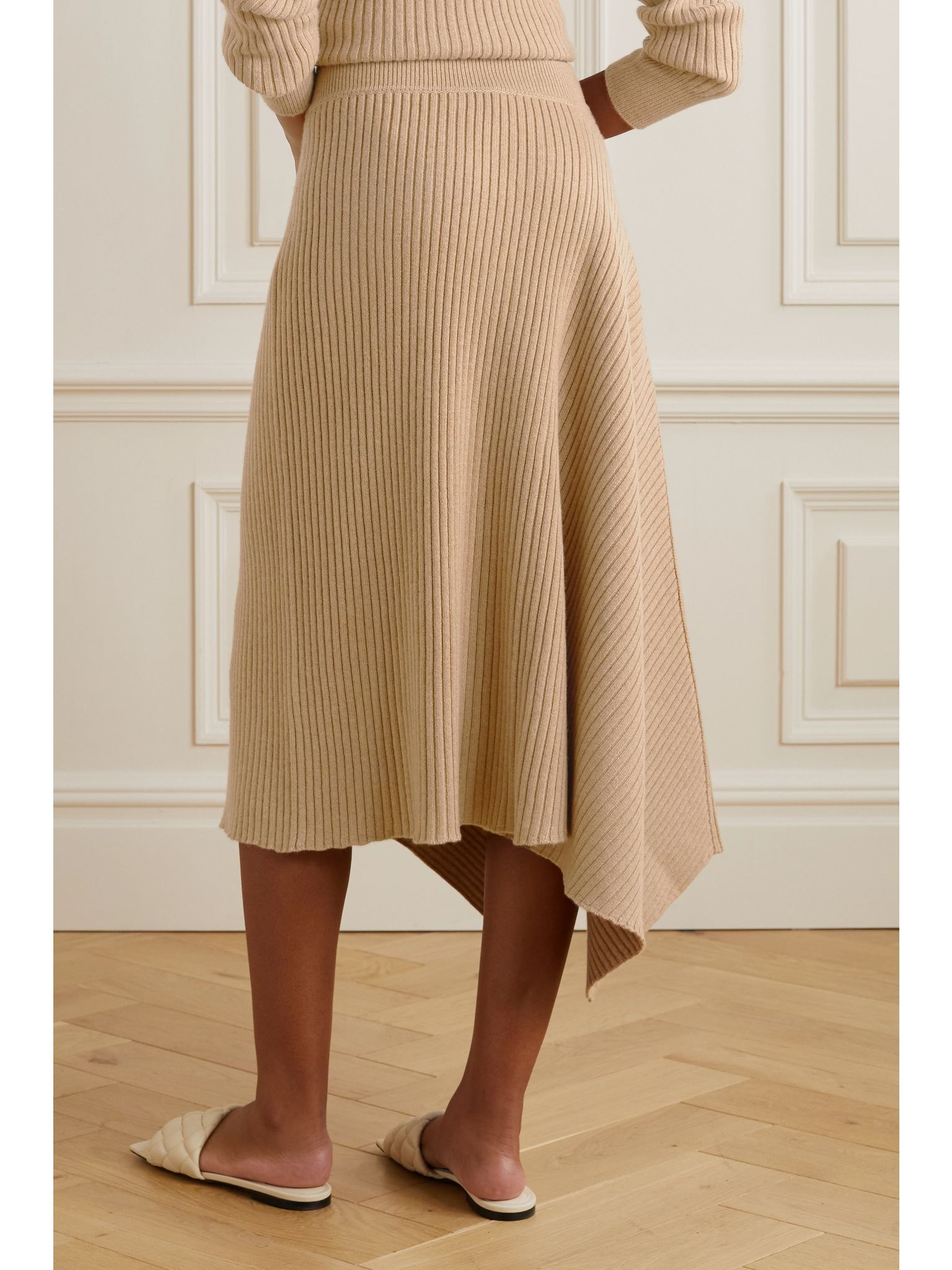 Asymmetric ribbed cashmere midi skirt Beige - 3