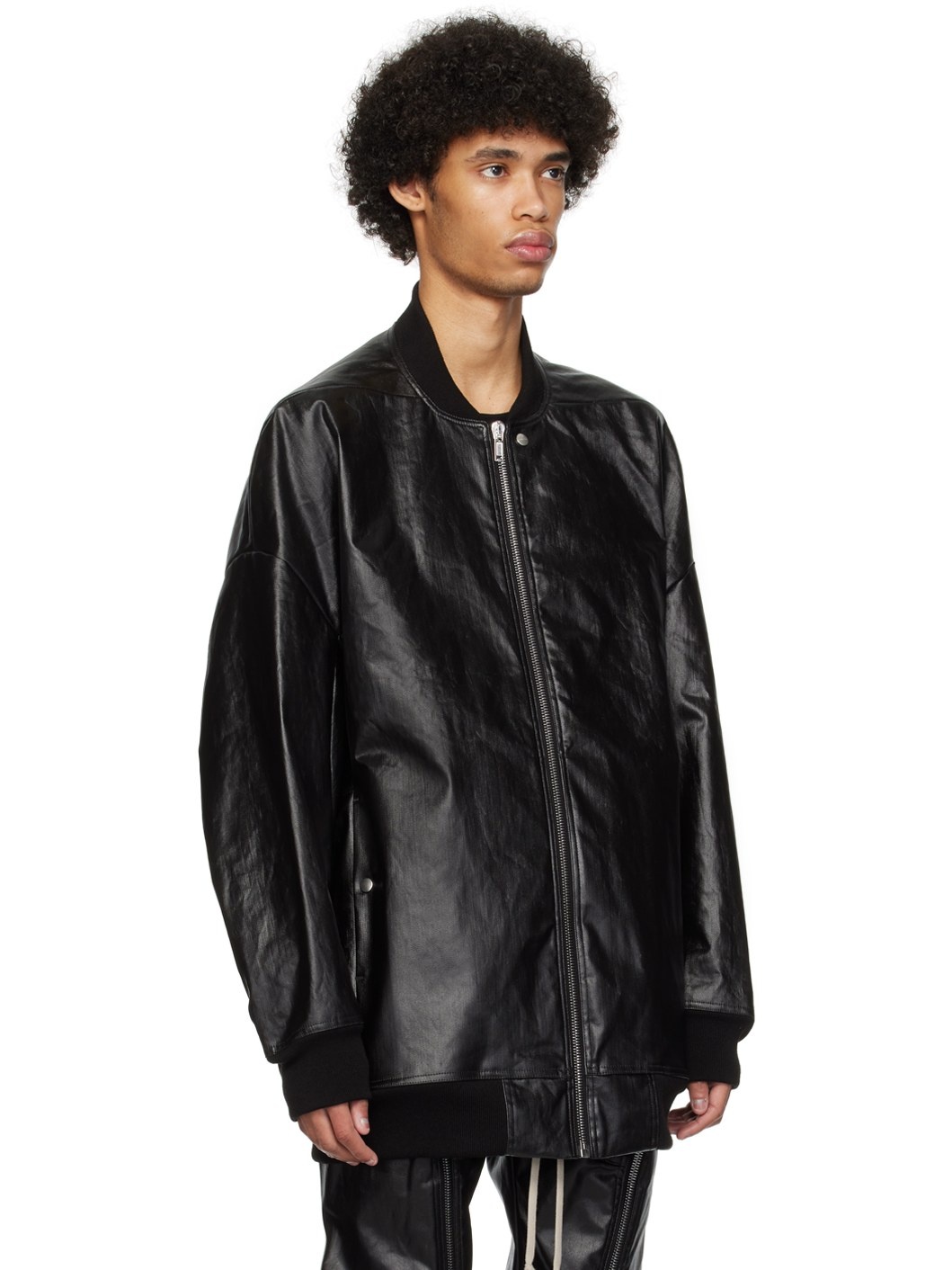 Black Coated Denim Bomber Jacket - 2