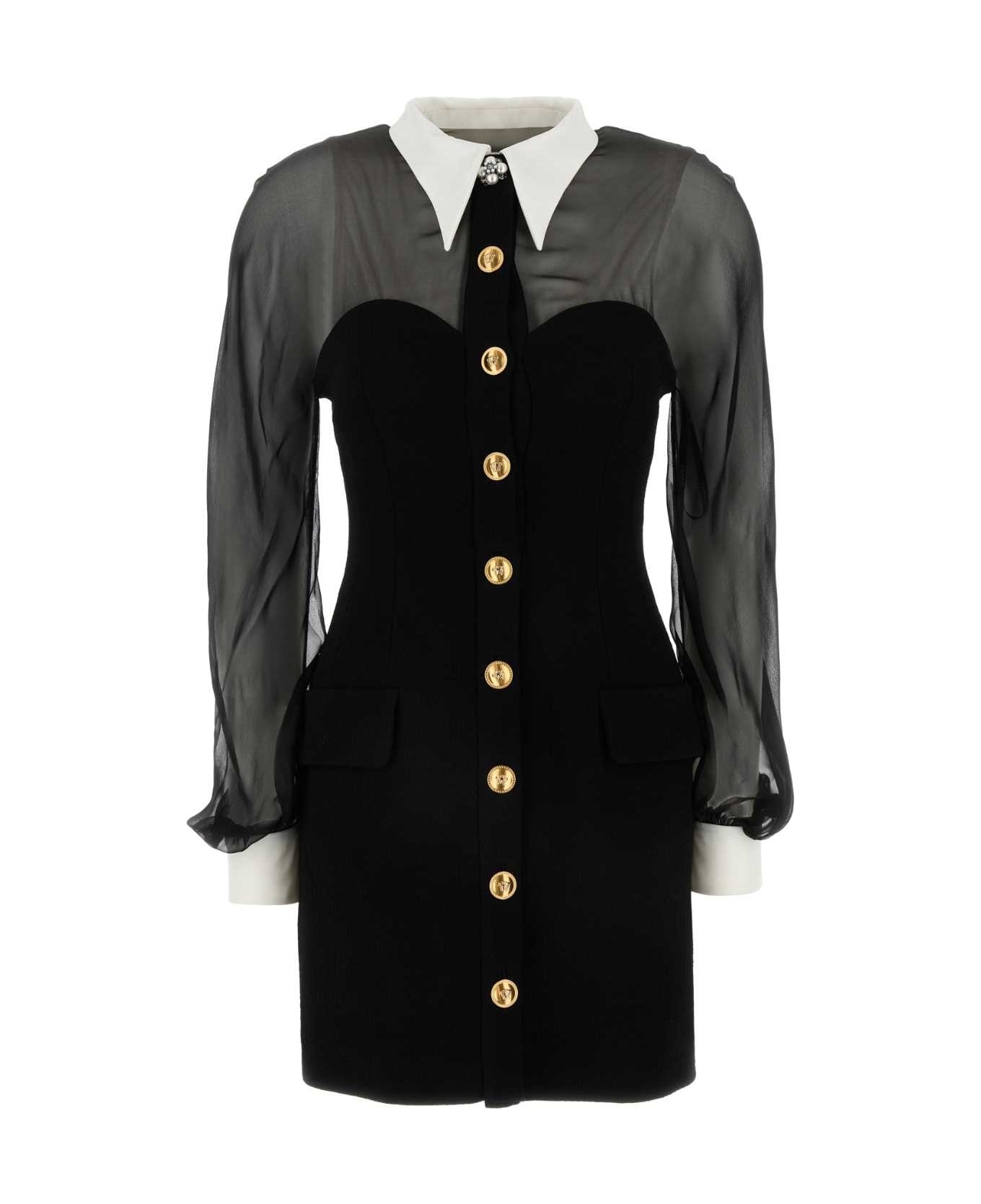 Black Crepe And Chiffon Blazer Dress - 1