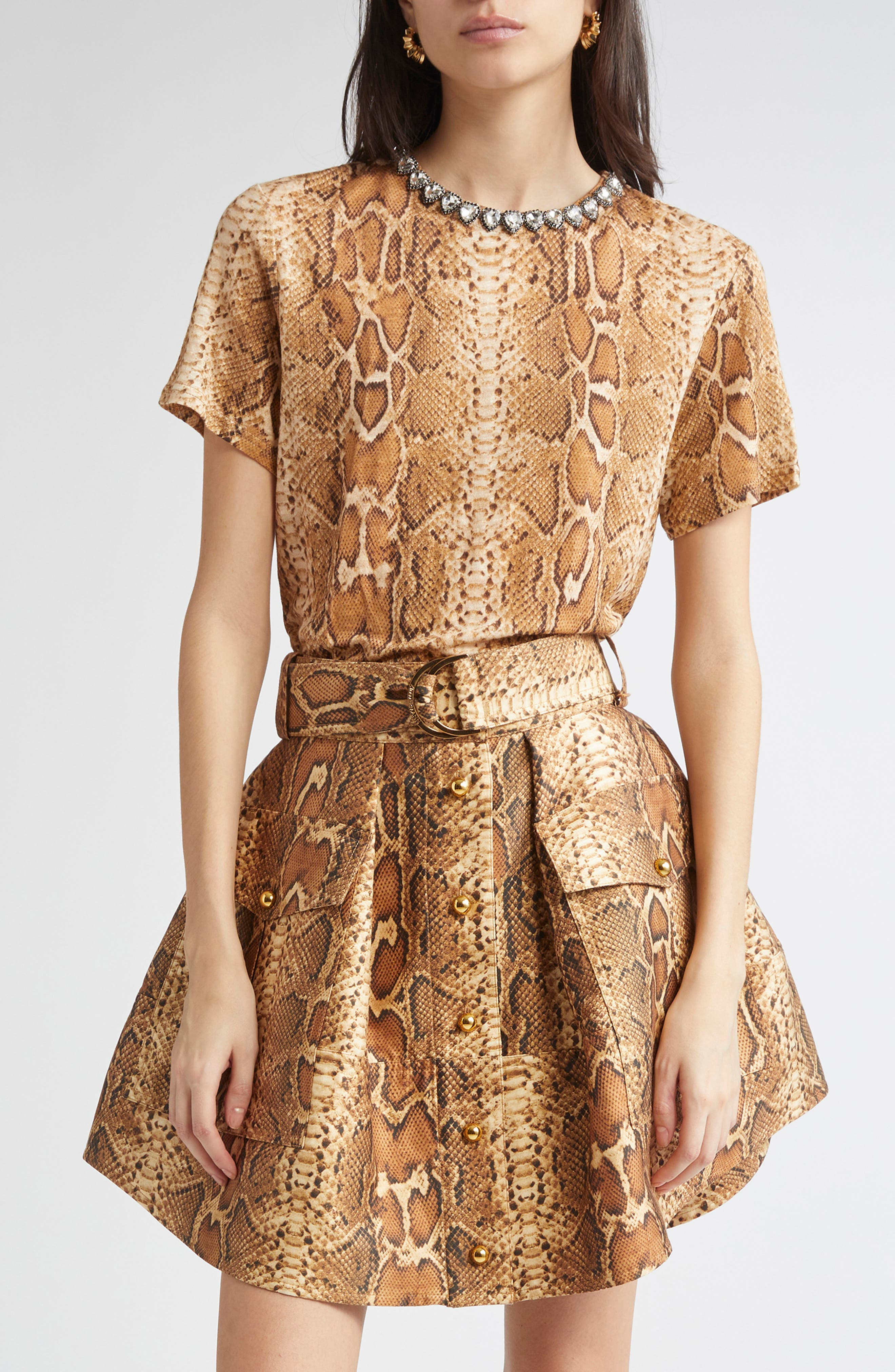 Zimmermann Crystal Embellished Linen T-Shirt in Toffee Snake at Nordstrom - 1