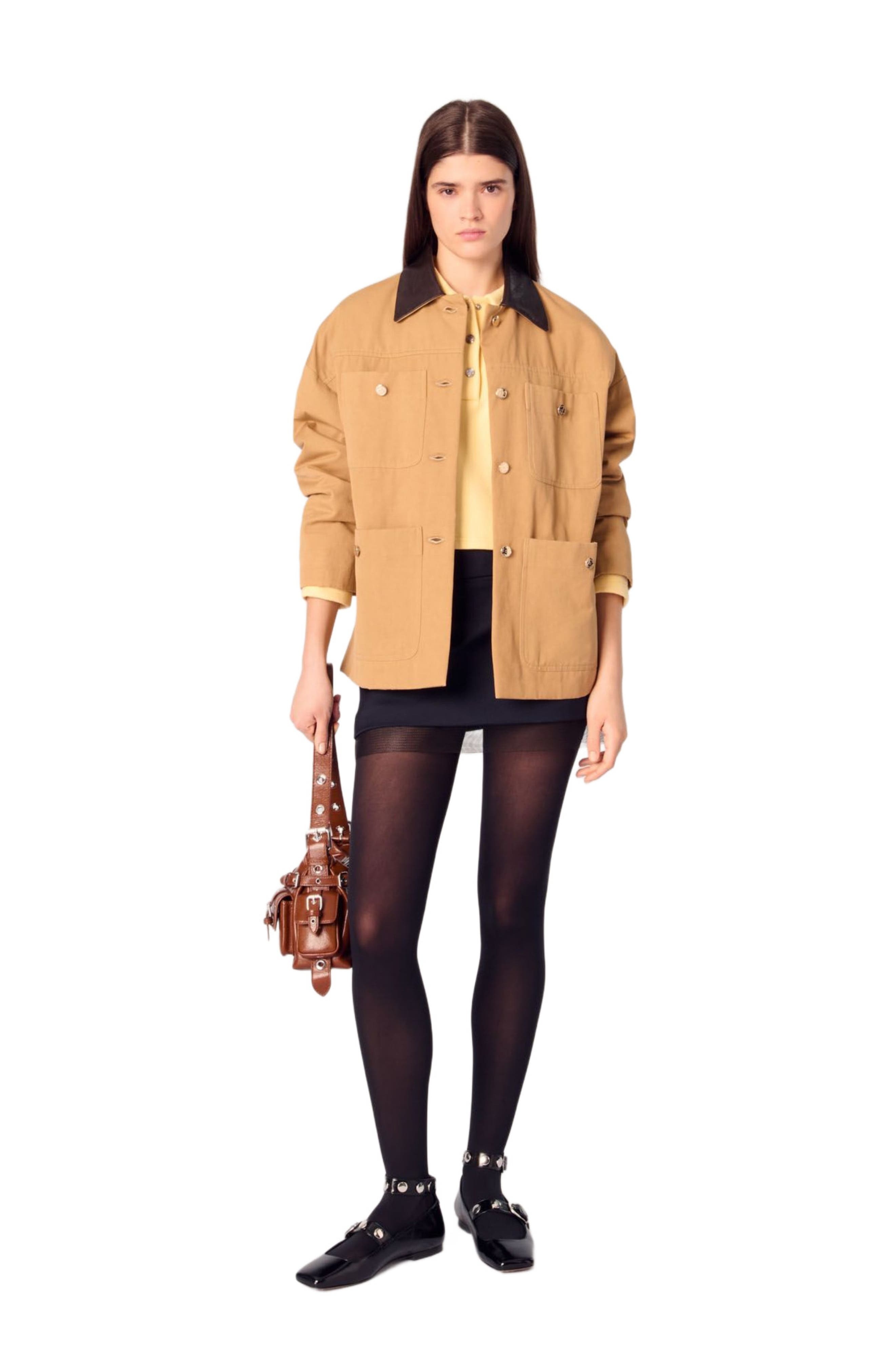 maje Cotton coat with leather collar in Beige at Nordstrom - 1