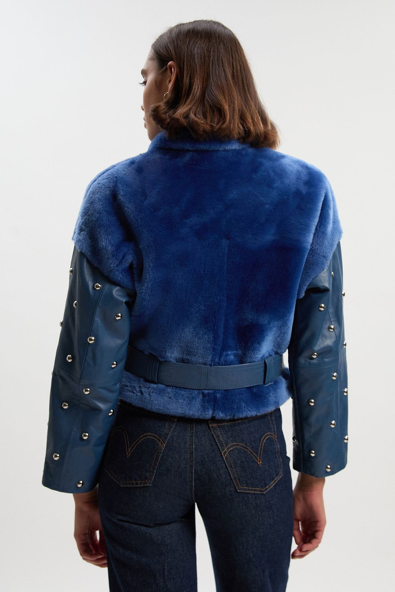 Shearling & Leather Mix Studded Biker Jacket 5