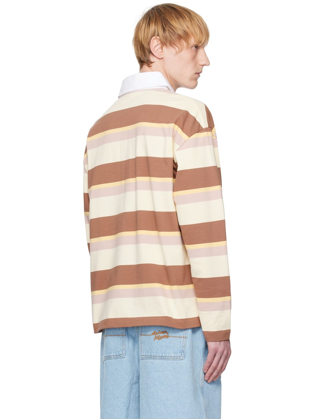 Beige & Brown Striped LS Oversize Polo - 3