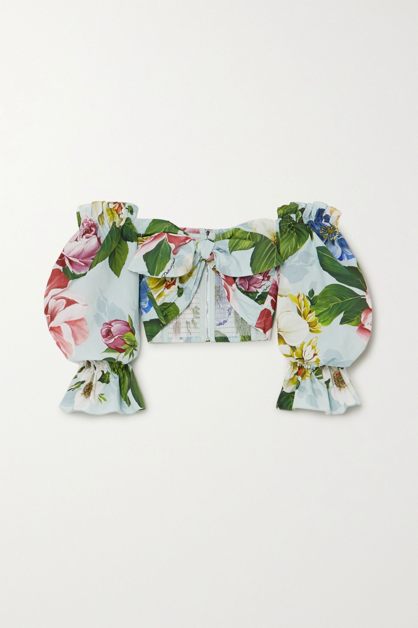 Cropped off-the-shoulder floral-print cotton-poplin top - 1