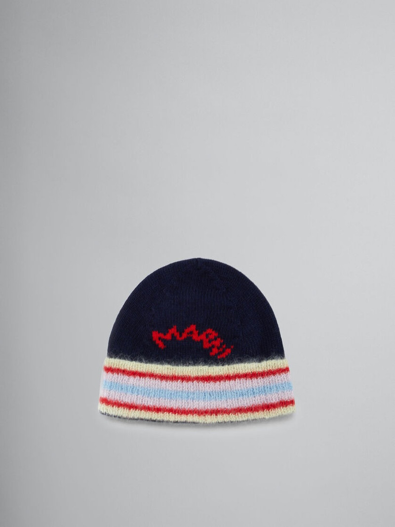 DEEP BLUE WOOL BEANIE WITH STRIPED TURN-UP 1