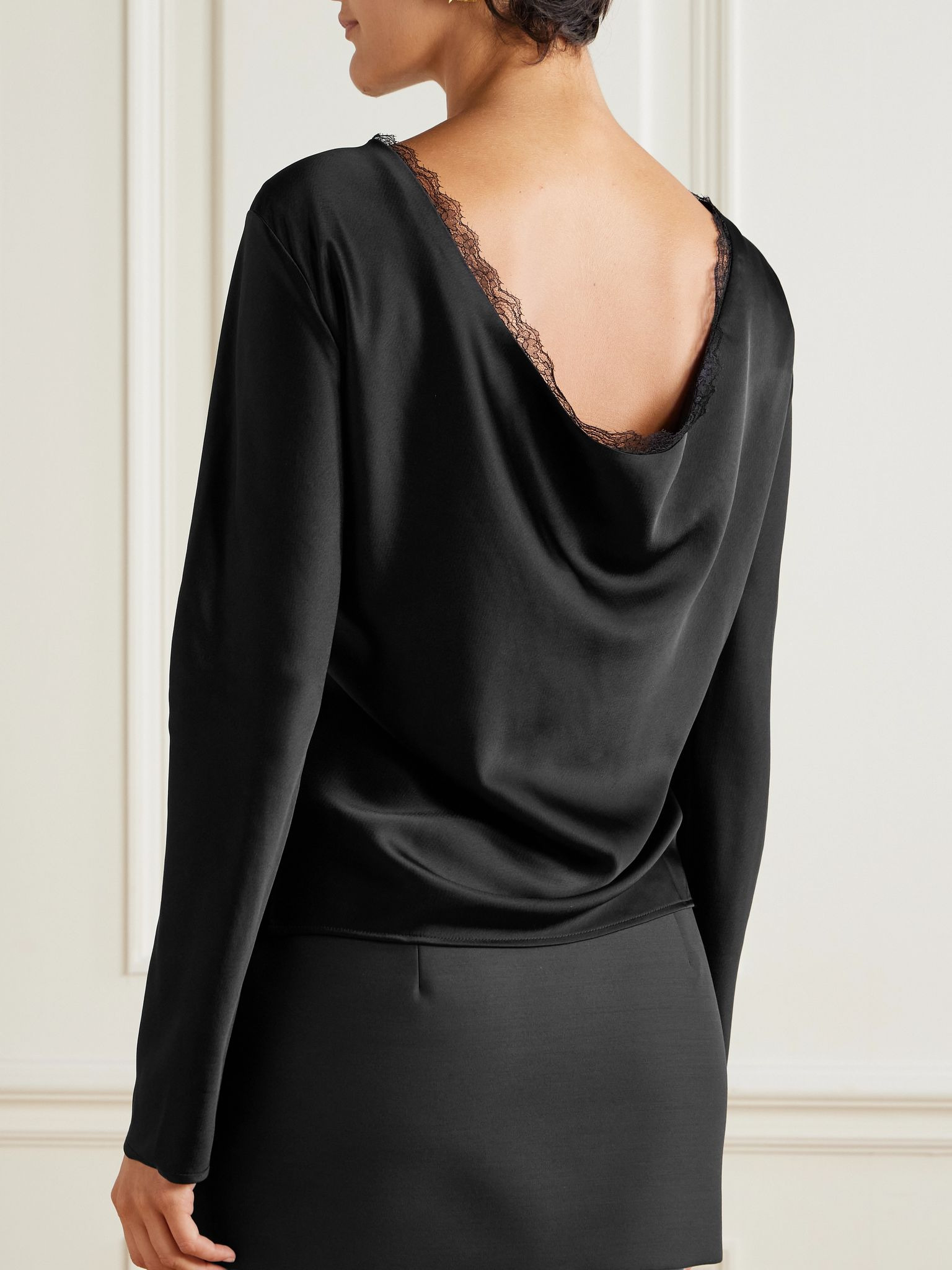 Barb draped lace-trimmed satin blouse Black - 3