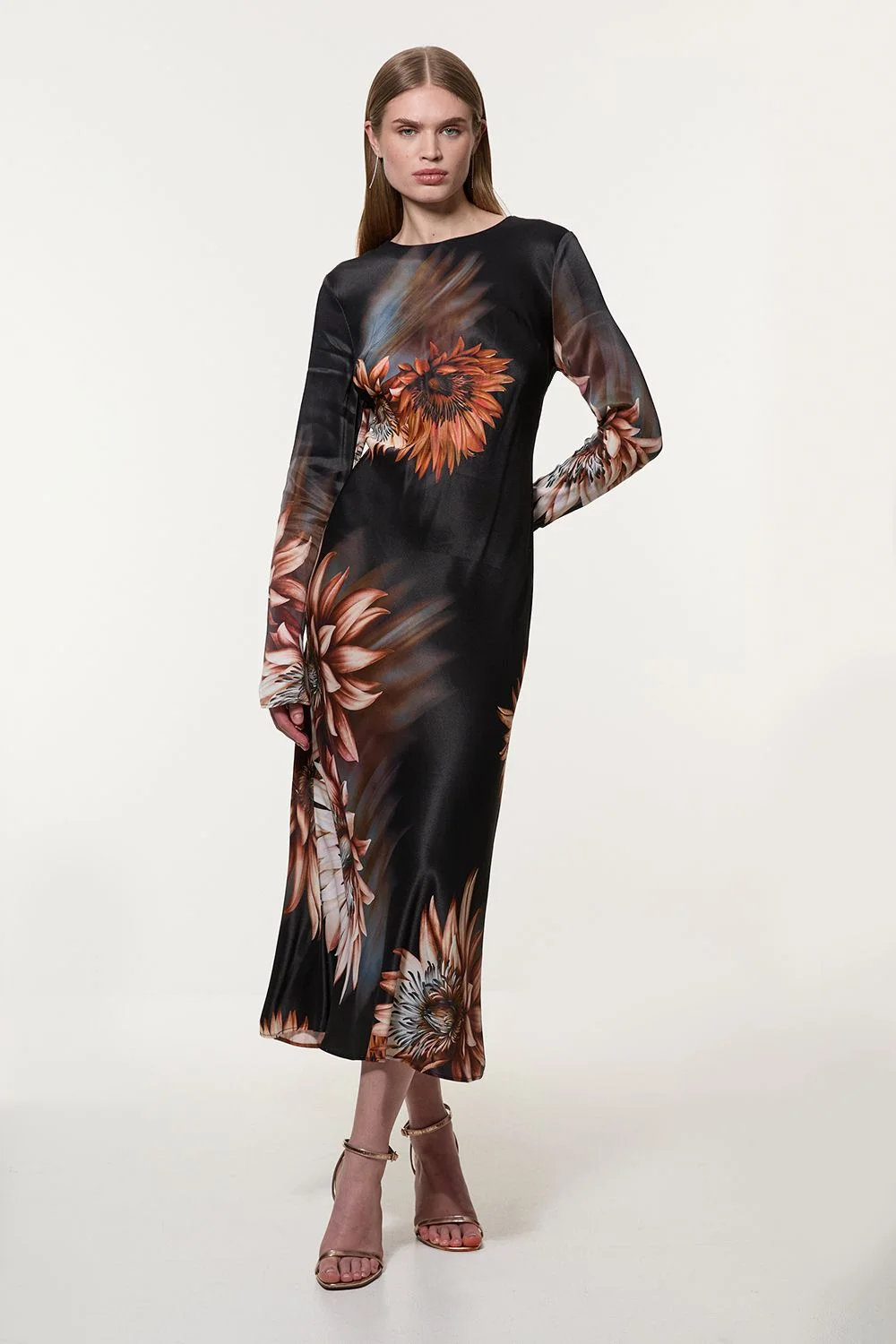 Viscose Satin Long Sleeve Bias Cut Woven Midi Dress - 1