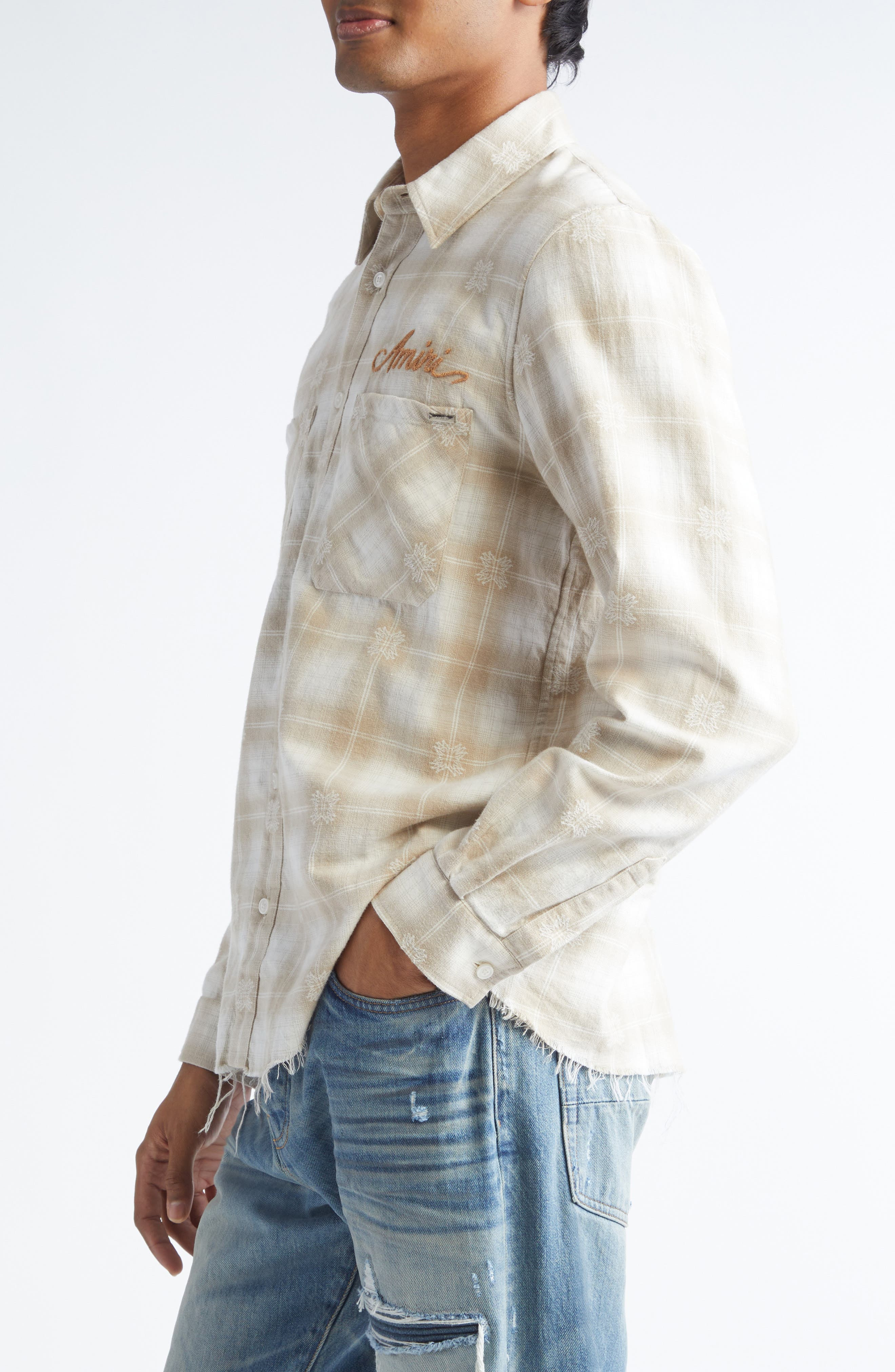 AMIRI Bleach Bandana Patch Flannel Button-Up Shirt in Light Camel at Nordstrom - 3