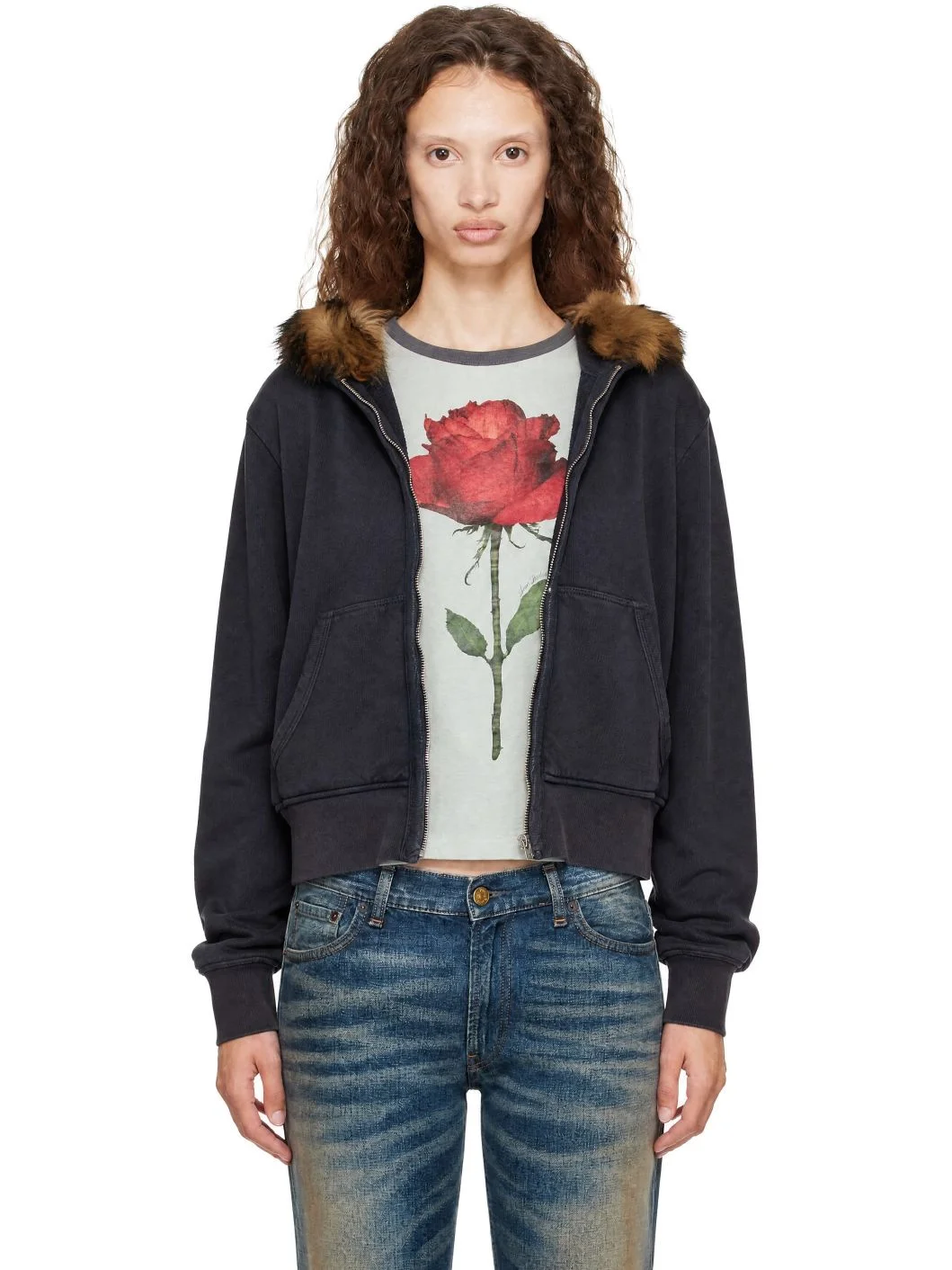 Black Shearling Zip Hoodie - 1
