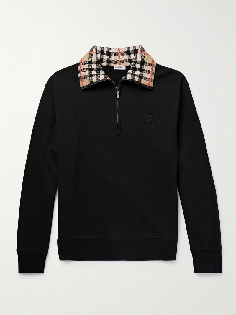 Jacquard-Knit Trimmed Logo-Embroidered Cotton-Jersey Half-Zip Polo Shirt Black 1