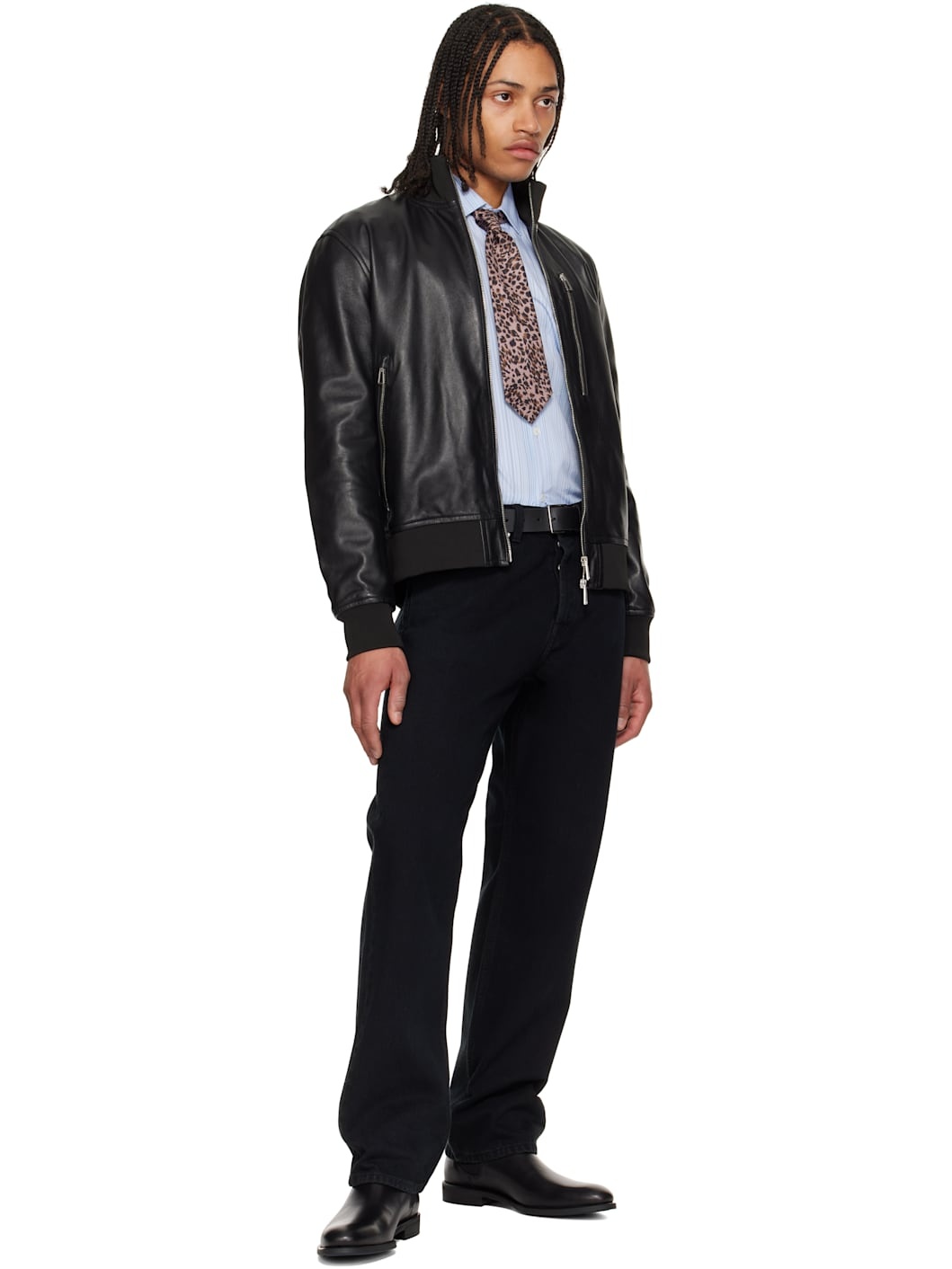 Black Grained Leather Signature Stripe Belt - 3