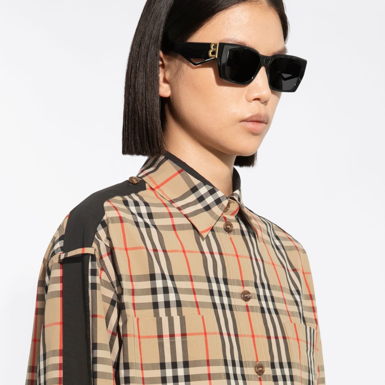 Strap Detail Vintage Check Cotton Oversized Shirt - 5