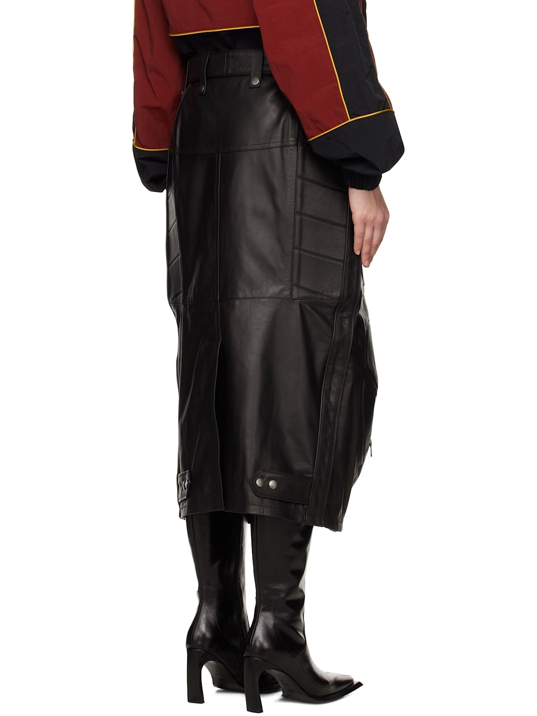 Black Biker Leather Midi Skirt - 3