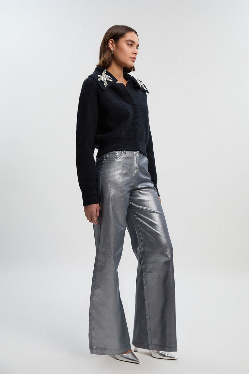 Petite Metallic Coated Denim Wide Leg Jean 1