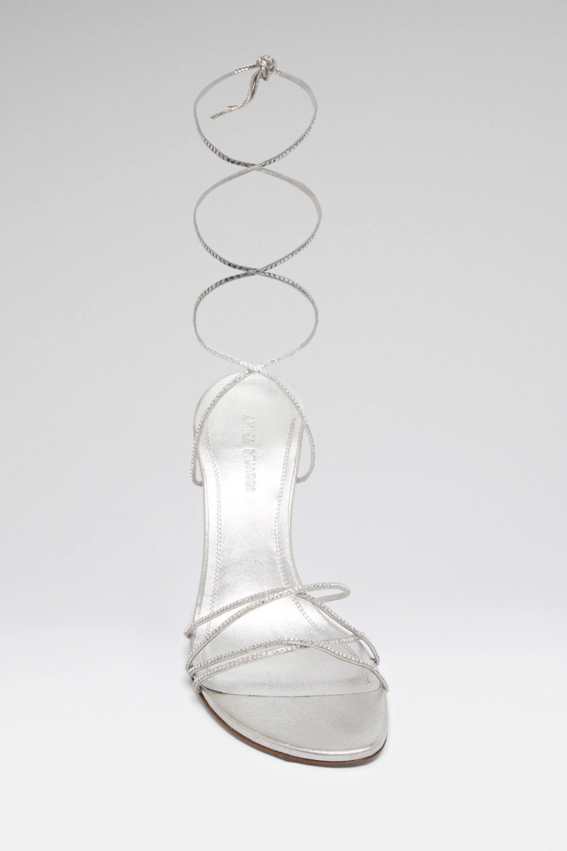 Amina Muaddi LORI CRYSTAL LACE UP 95 SILVER SUEDE AND WHITE CRYSTALS outlook