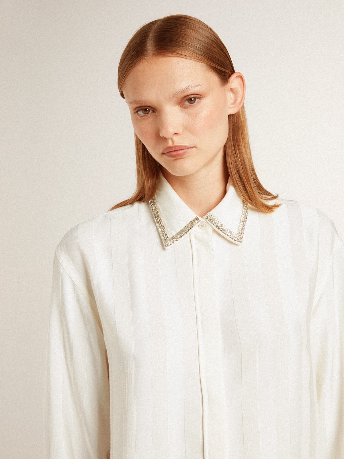 Women's shirt with a vertical striped pattern and crystal embroidery - 5