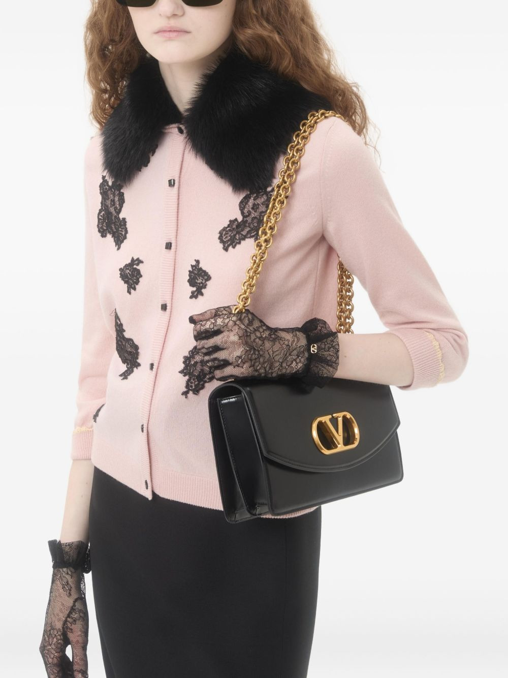 lace-embellished shearling-collar cardigan - 6