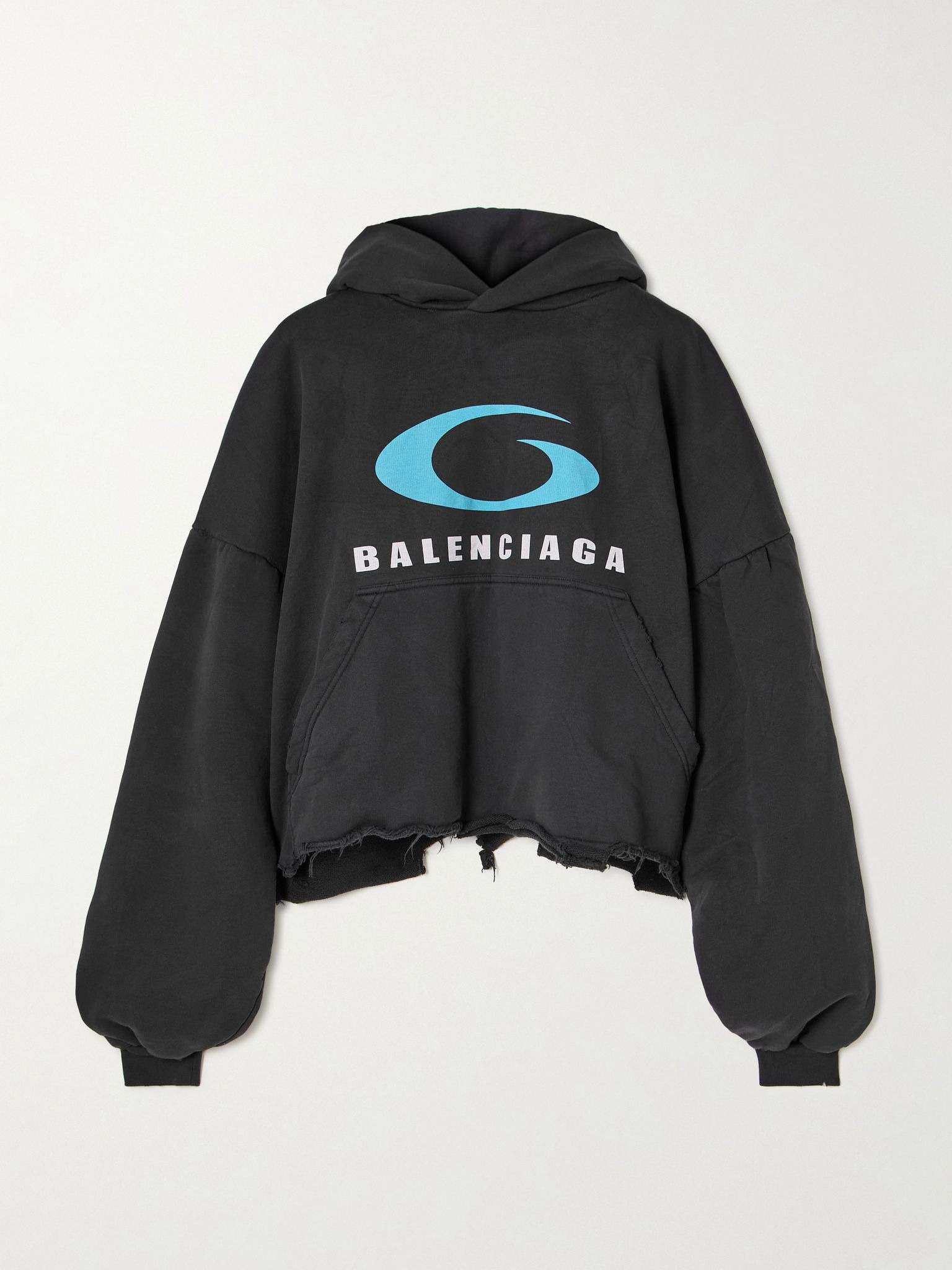 Oversized cropped distressed printed cotton-jersey hoodie Black - 1