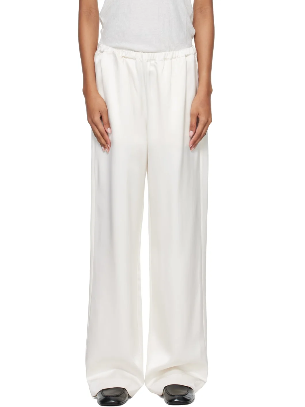 White Relaxed Fit Satin Trousers - 1