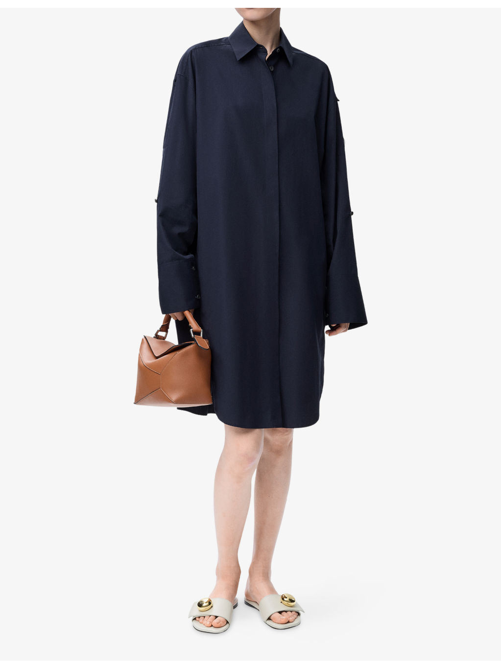 Convertible-Sleeve Cotton-Blend Midi Shirt Dress - 2