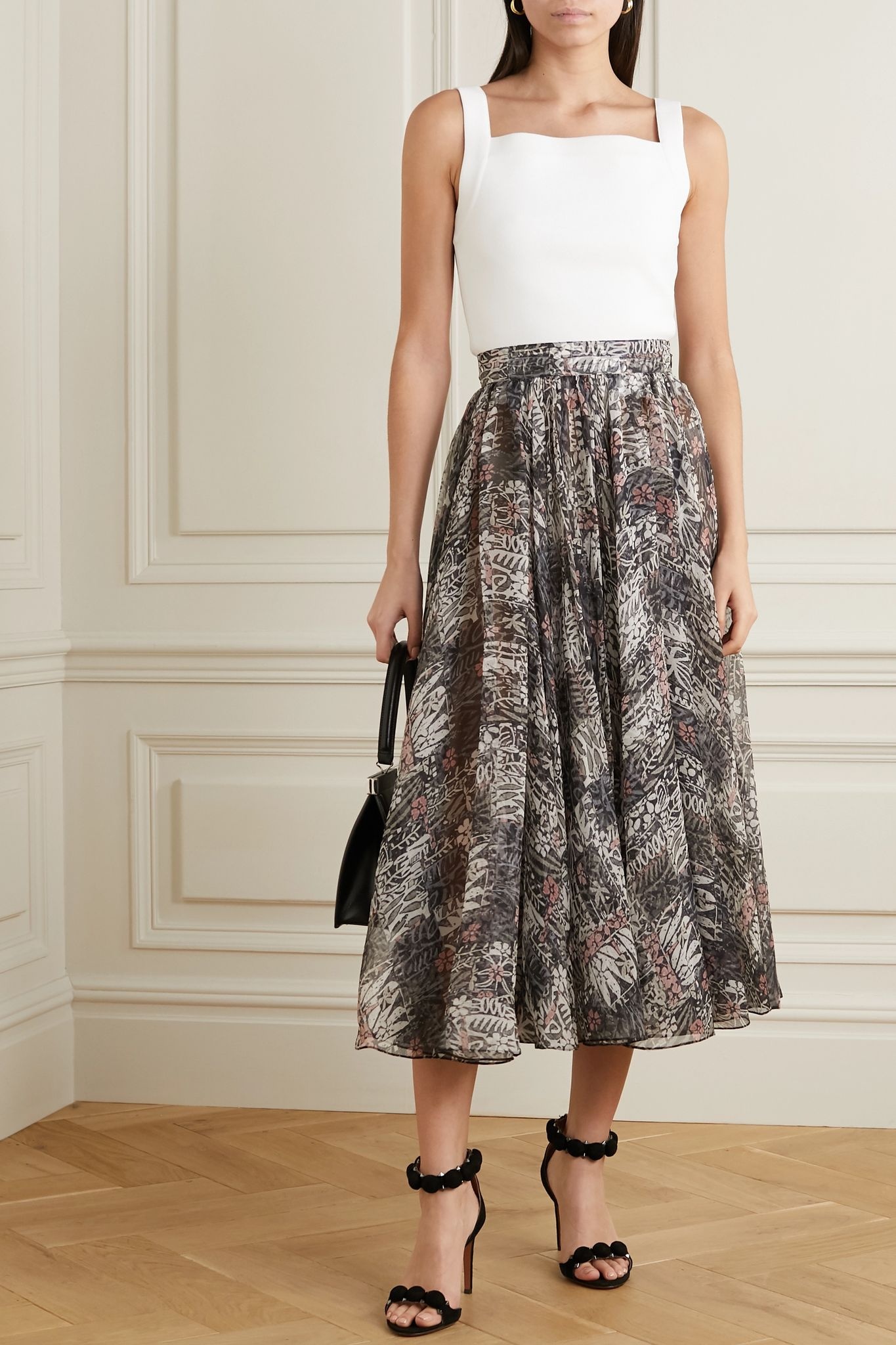 Pleated floral-print silk-chiffon midi skirt - 2