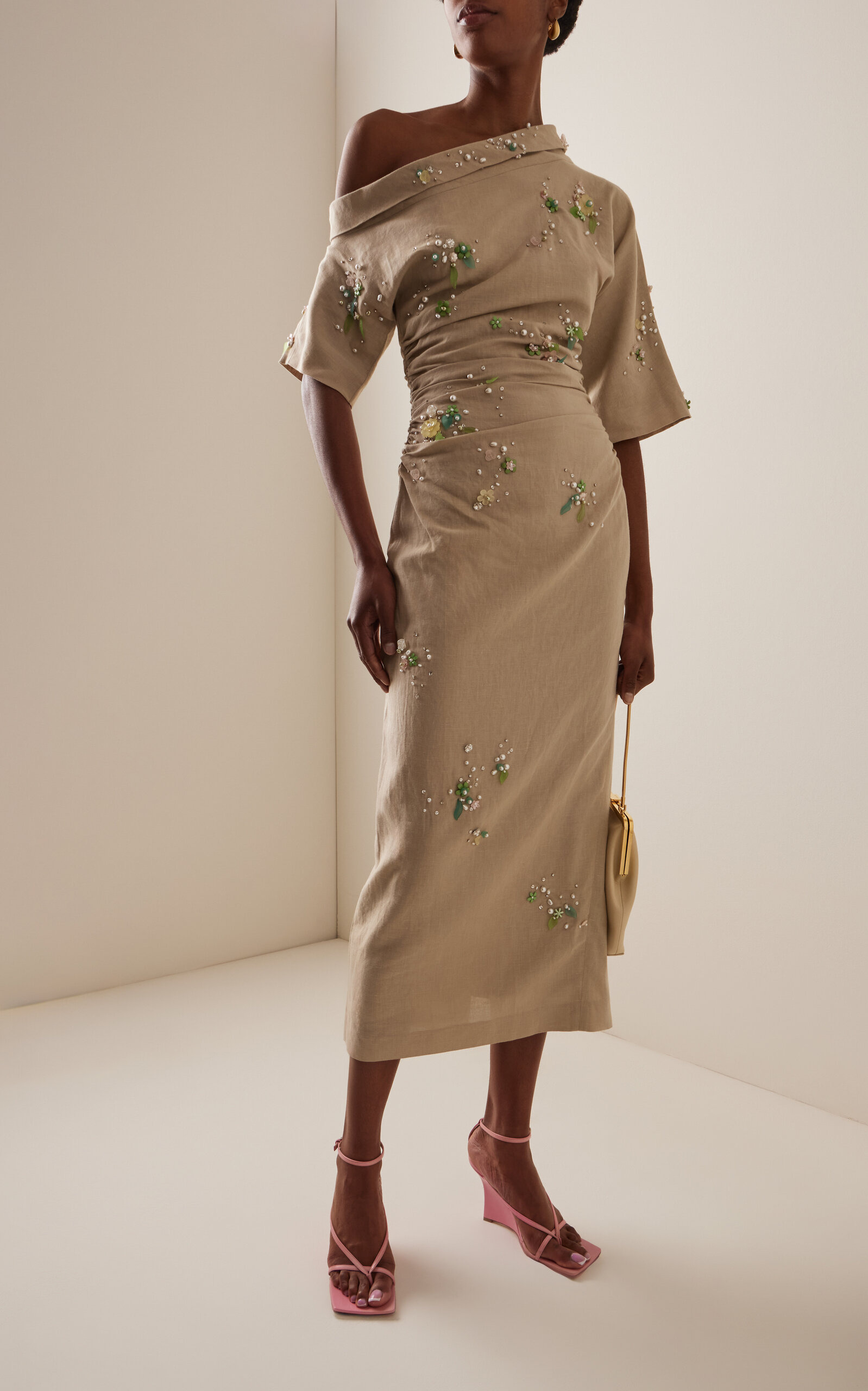 Bowery Jewel-Embroidered Cotton-Linen Midi Dress neutral - 3
