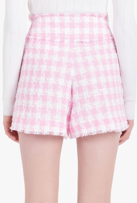 High-waisted white and pale pink tartan tweed shorts - 8