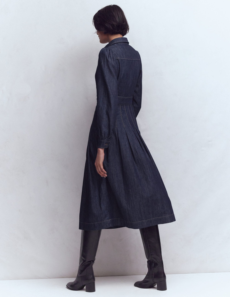 Pleat Skirt Denim Midi Dress-Indigo Wash 5