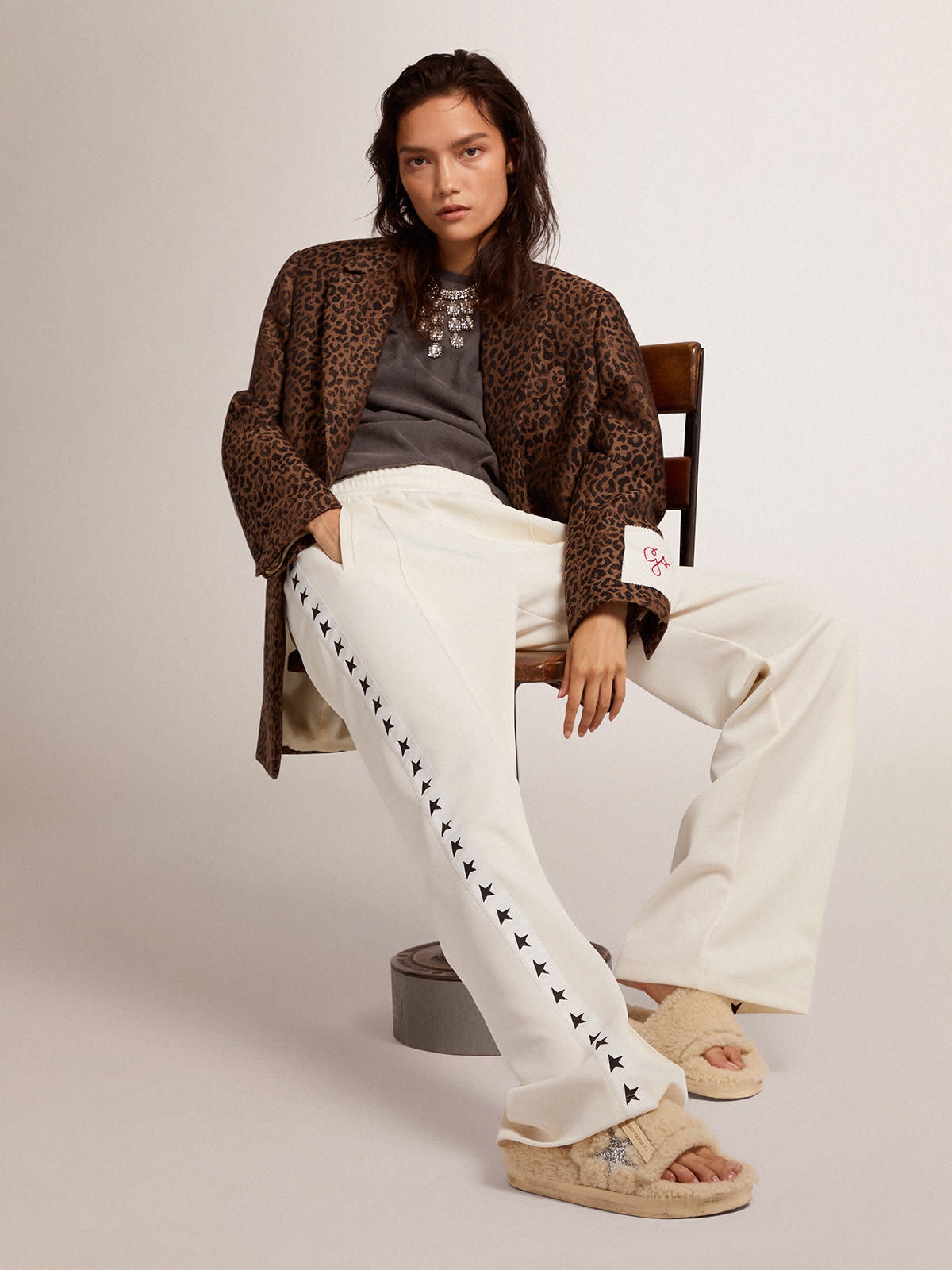 Beige shearling Poolstars with silver glitter star - 3