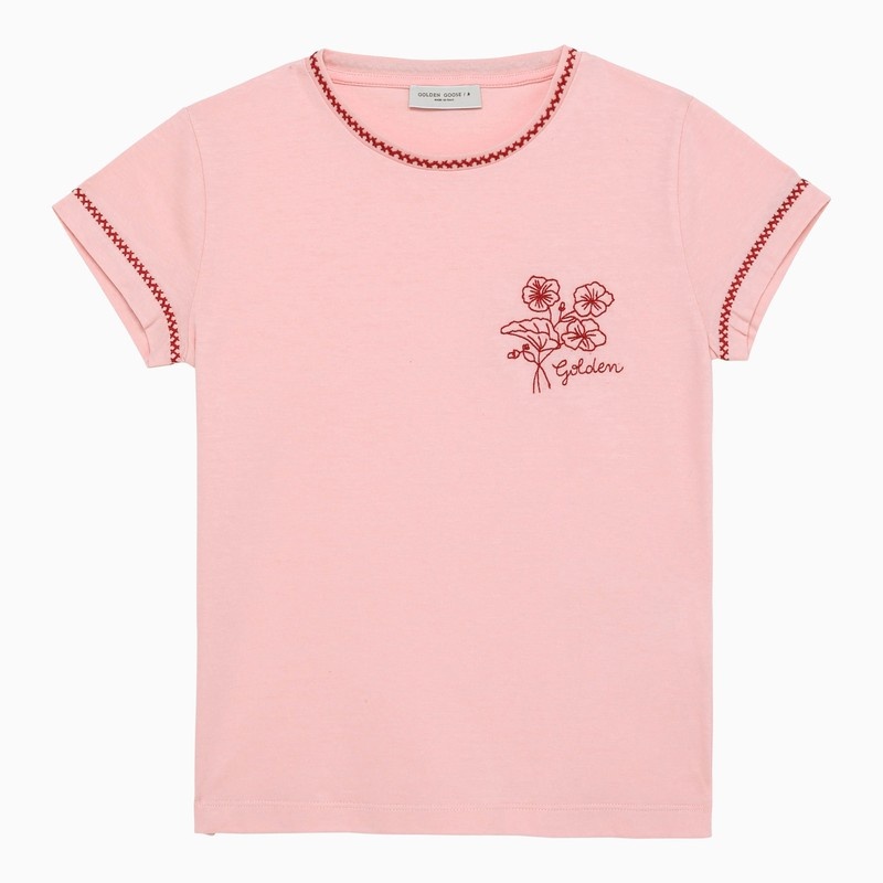 Pink cotton crew-neck T-shirt with embroidery - 1