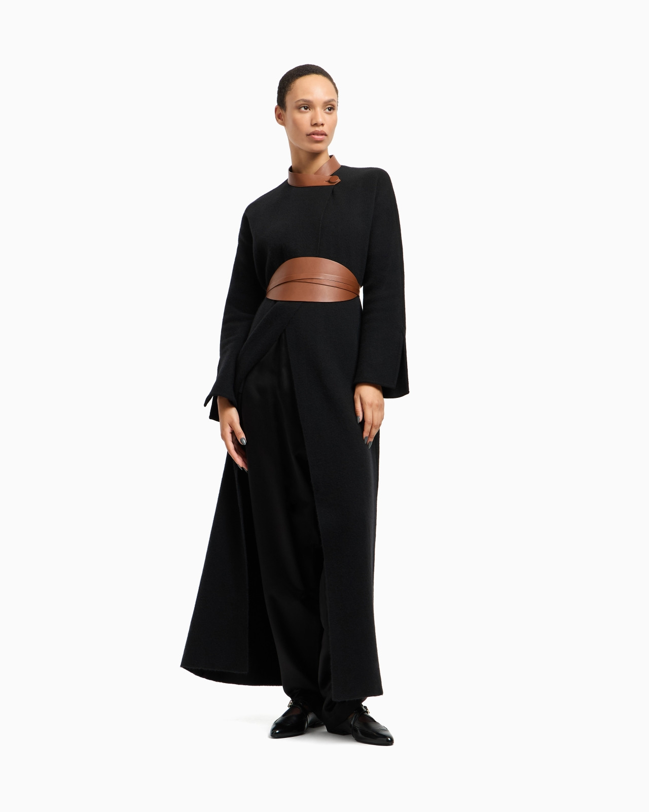 LONG COAT IN BONDED WOOL AND CASHMERE WITH LEATHER DETAILS - 2