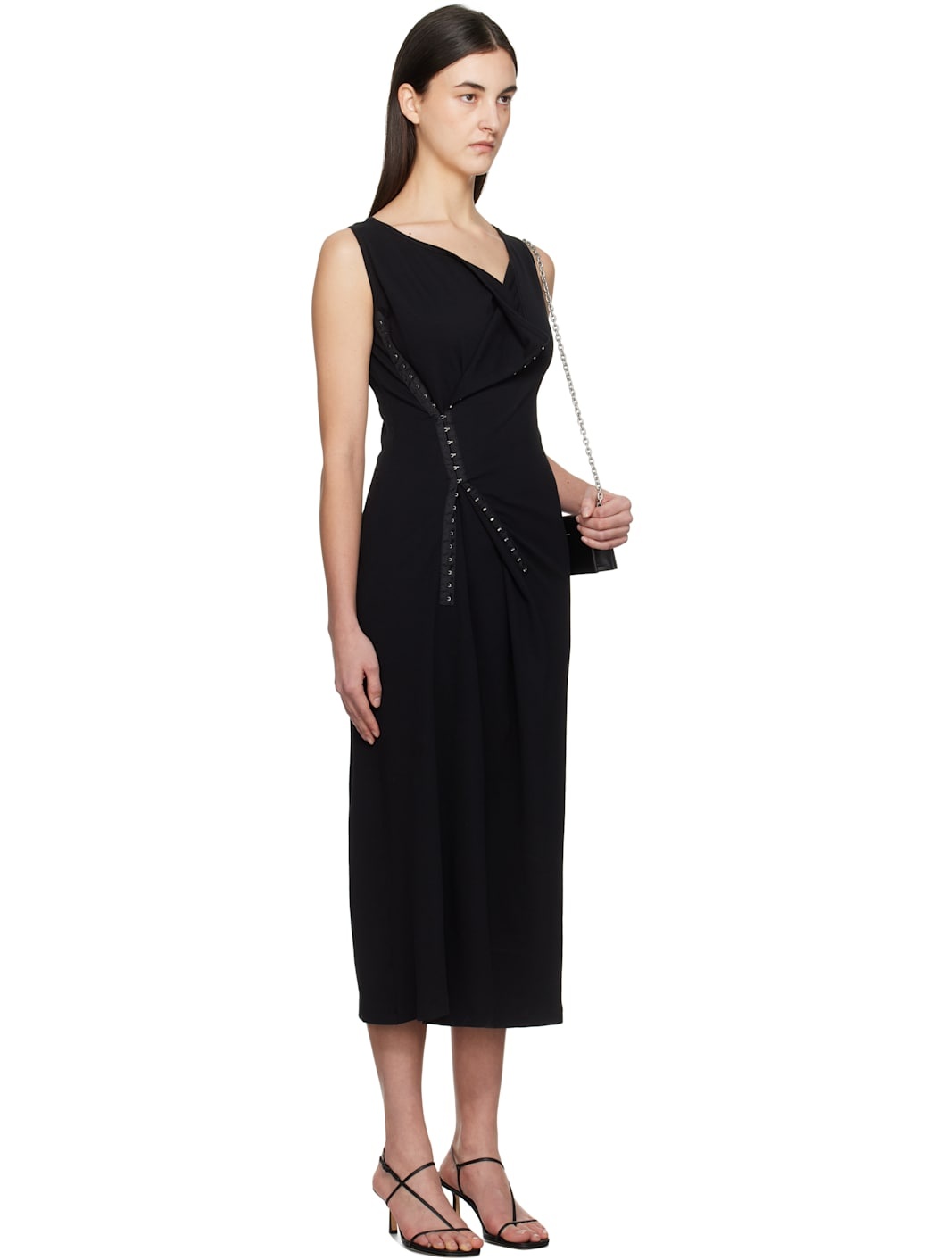 Black Cotton Rib Hook-Eye Midi Dress - 2