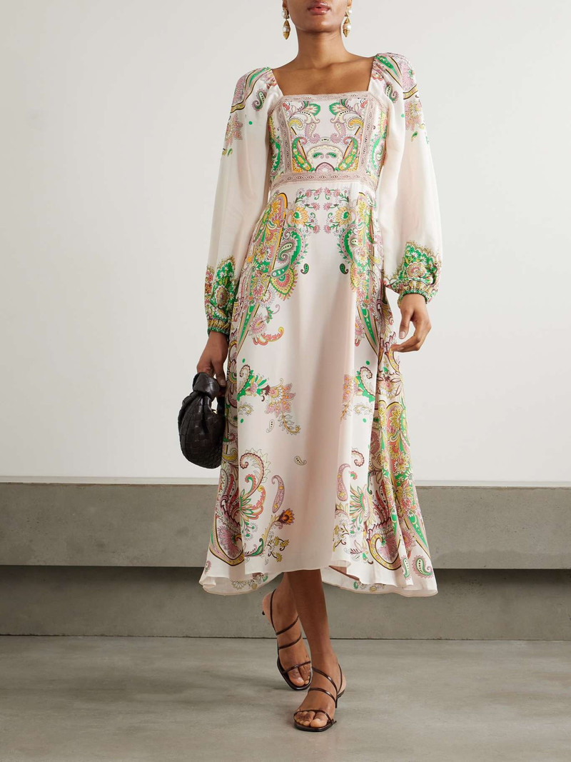 Etro Lace-trimmed printed crepe de chine midi dress White outlook
