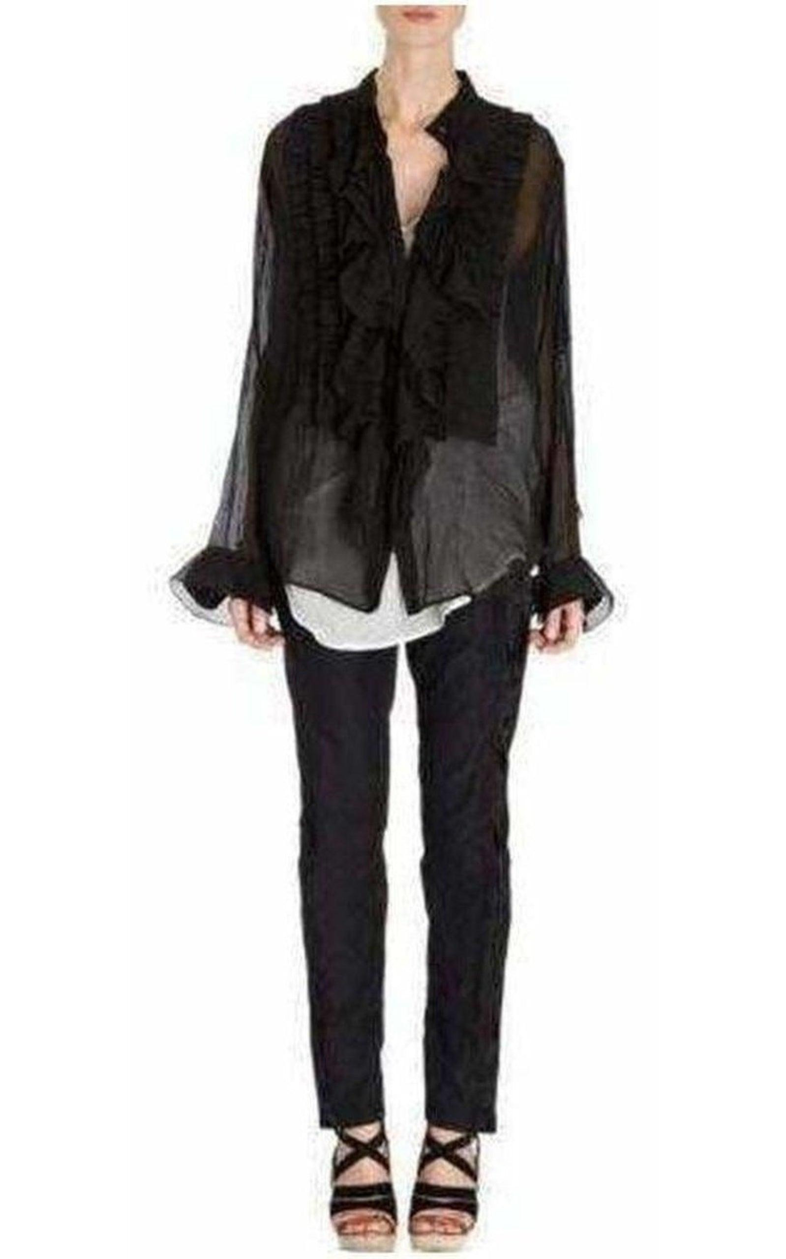 Black Ruffle Cotton Silk Blend Shirt - 2