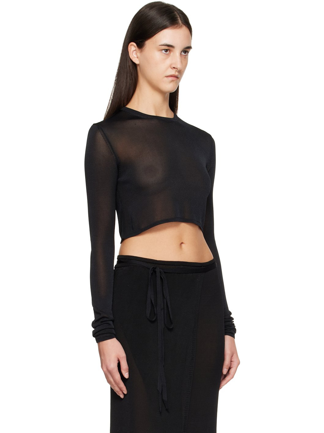 Black Kazel Cropped Thin Knit T-shirt - 2